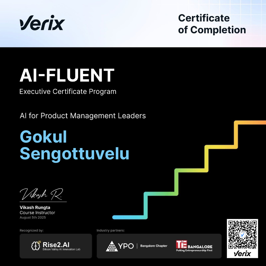 Gokul Sengottuvelu: Certificate of Completion — AI-Fluent Executive Certificate Program