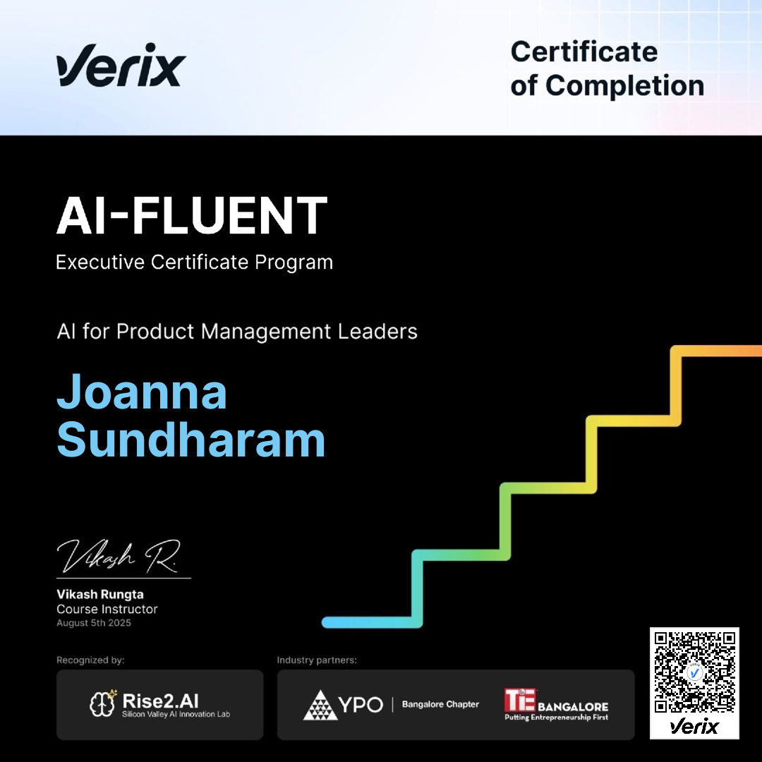 Joanna Sundharam: Certificate of Completion — AI-Fluent Executive Certificate Program