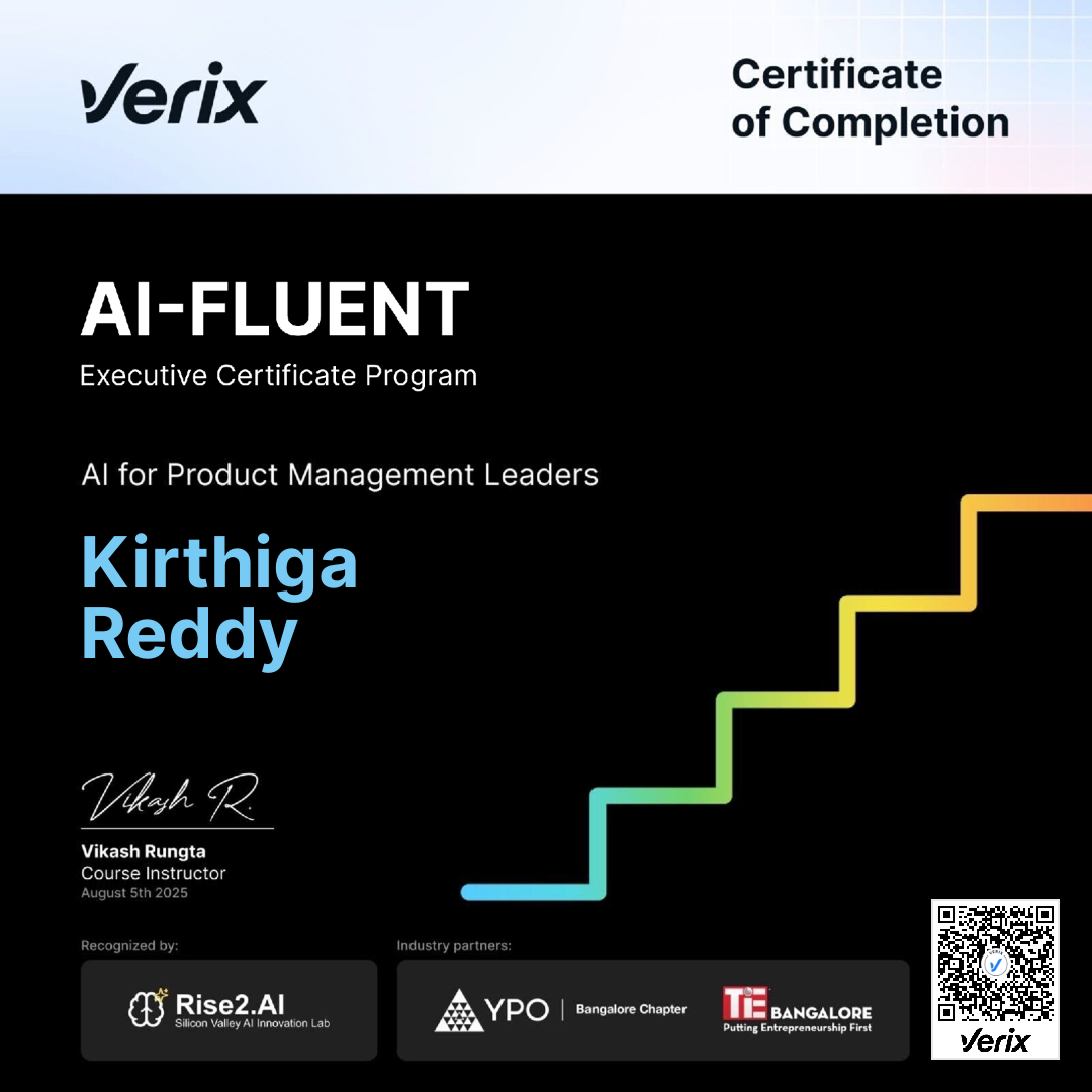 Kirthiga Reddy: Certificate of Completion — AI-Fluent Executive Certificate Program