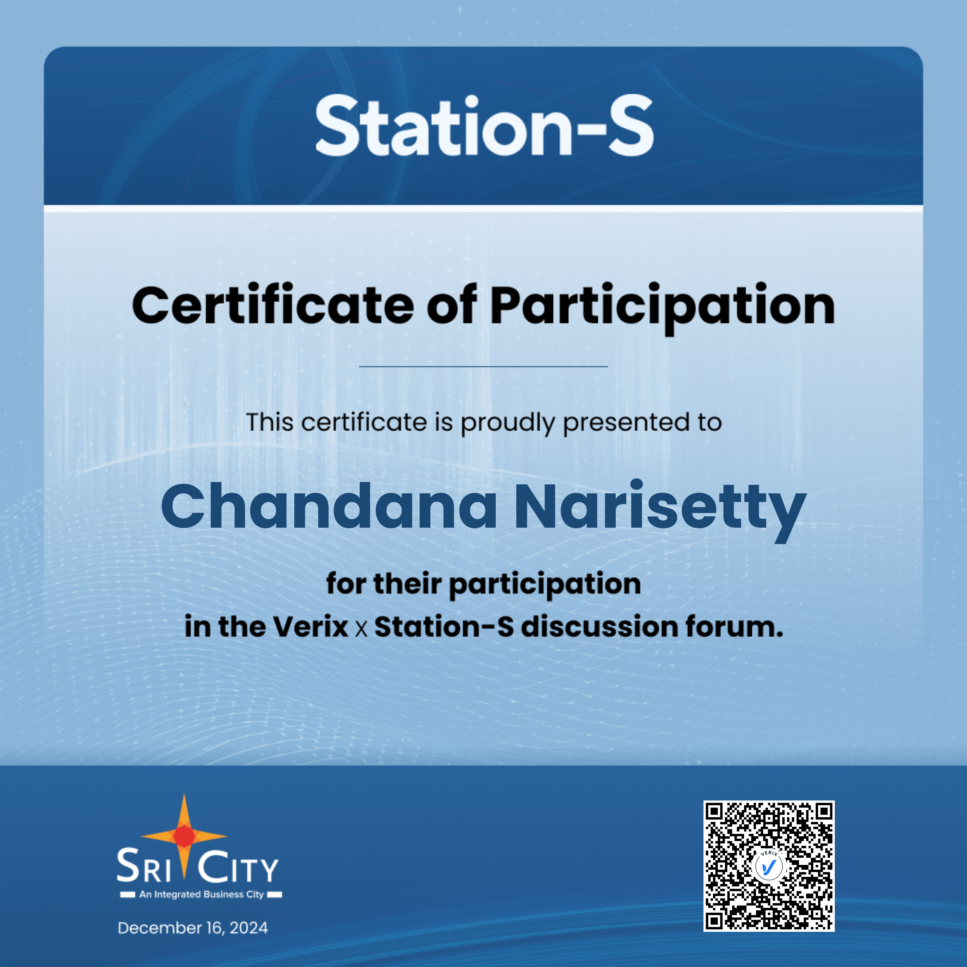 Station-S Certificate of Participation: Chandana Narisetty