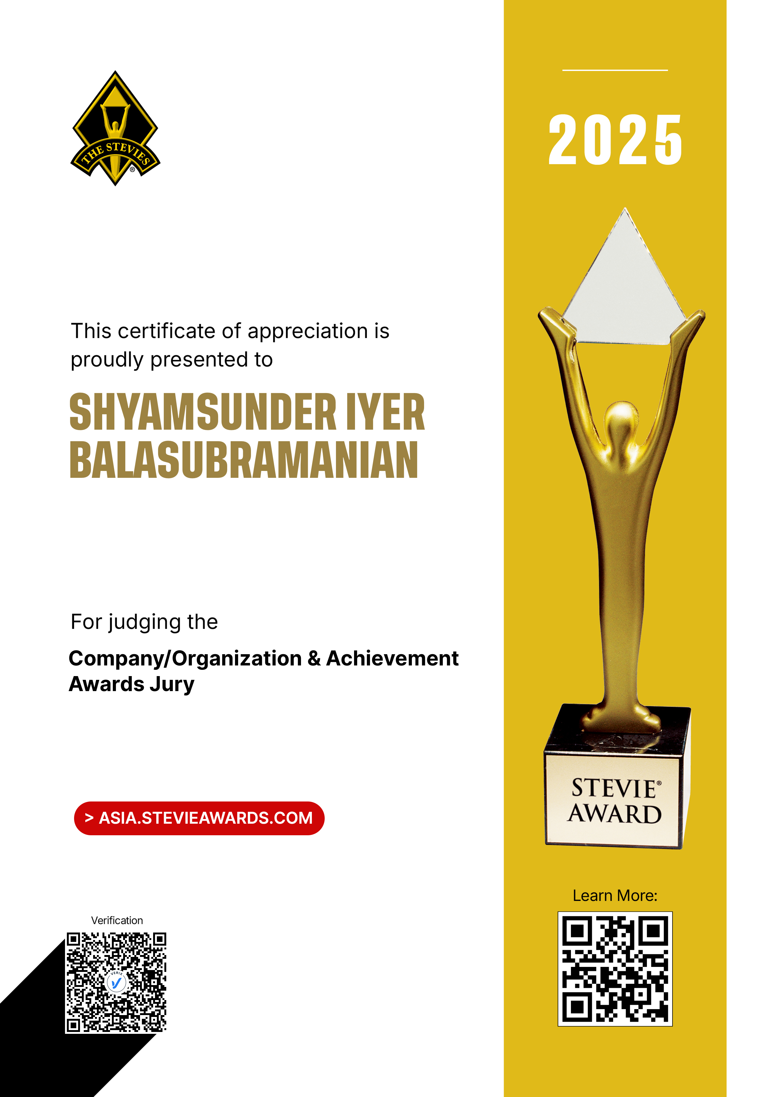 Asia-Pacific Stevie® Awards Jury Certificate: Shyamsunder Iyer Balasubramanian
