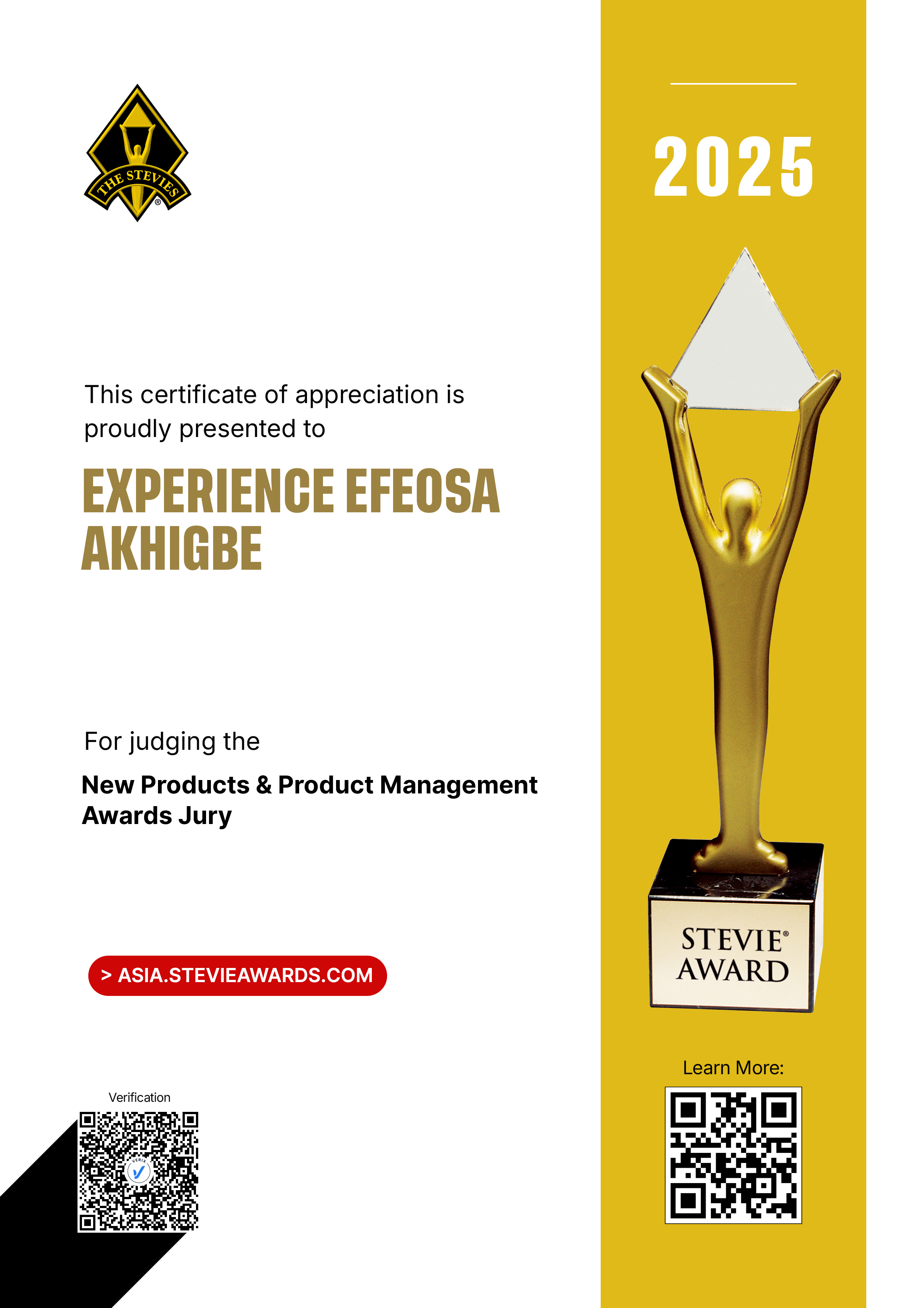Asia-Pacific Stevie® Awards Jury Certificate: Experience Efeosa Akhigbe