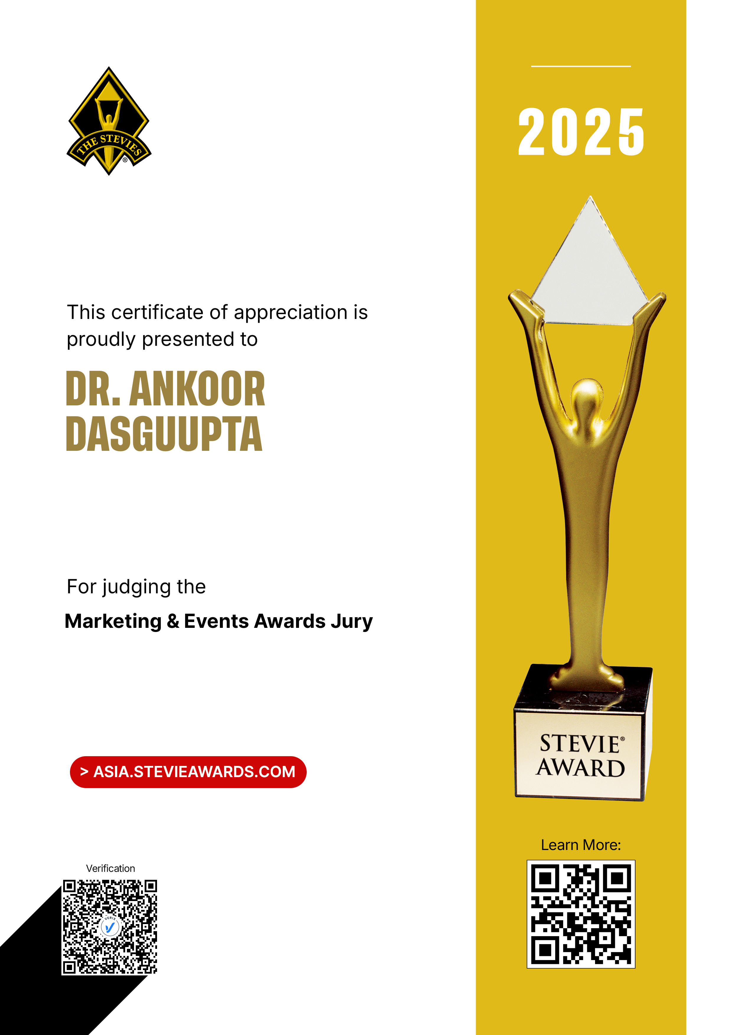 Asia-Pacific Stevie® Awards Jury Certificate: Dr. Ankoor Dasguupta