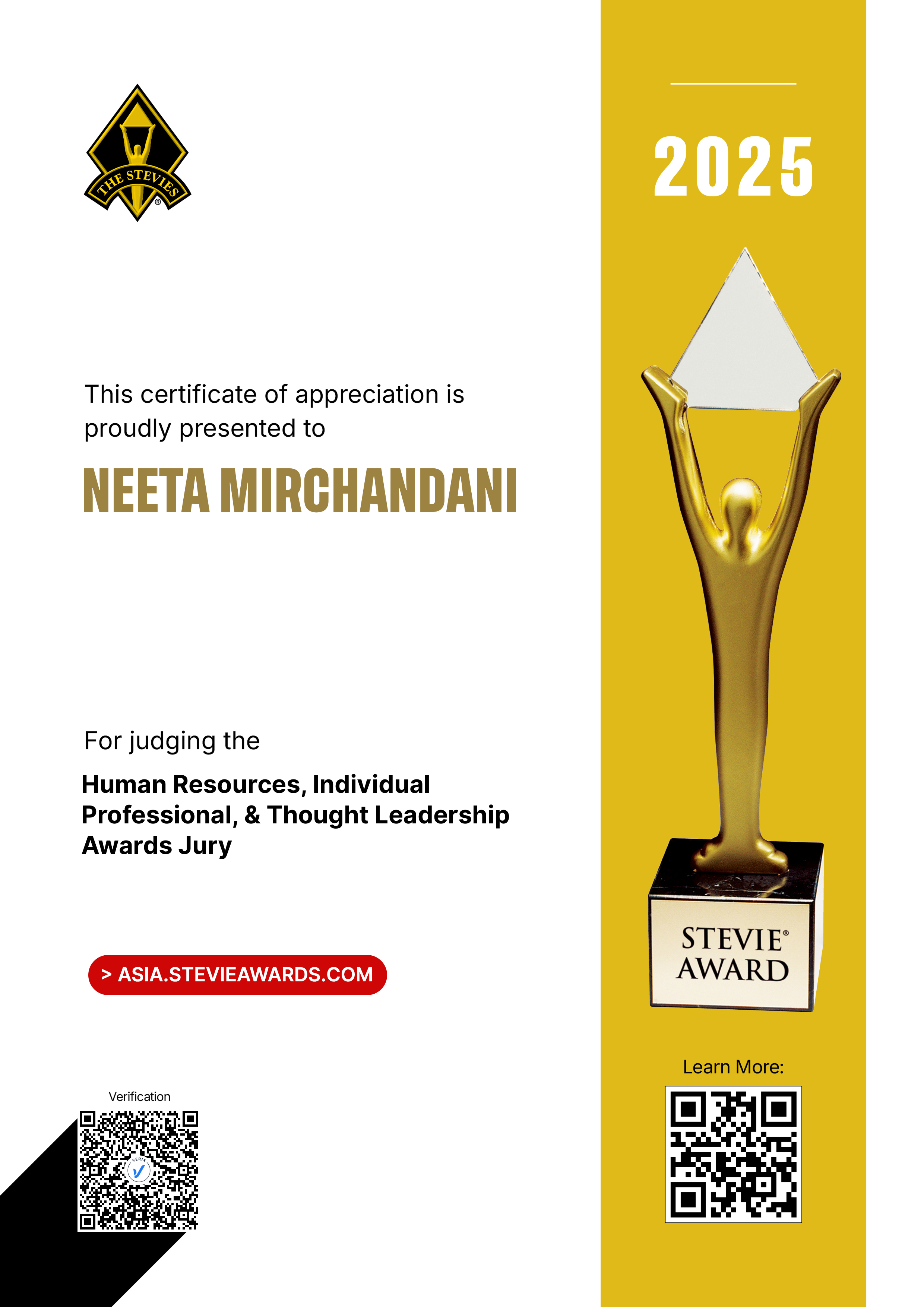 Asia-Pacific Stevie® Awards Jury Certificate: Neeta Mirchandani