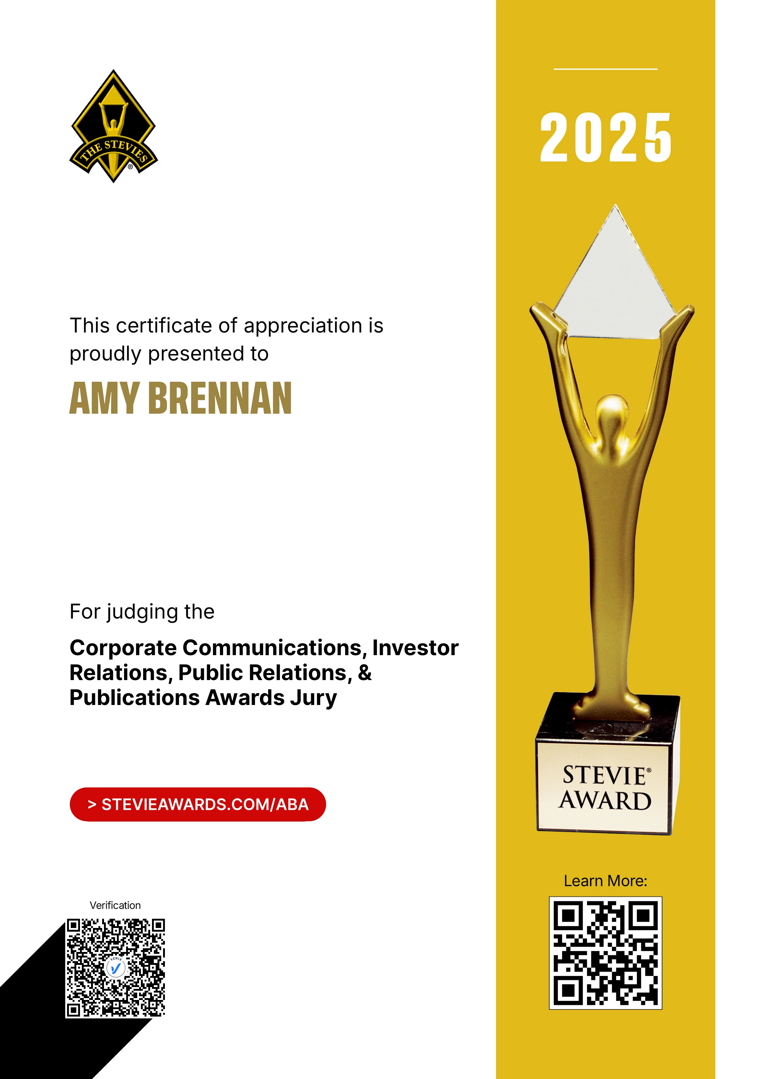 American Business Awards® Jury Certificate: Amy Brennan