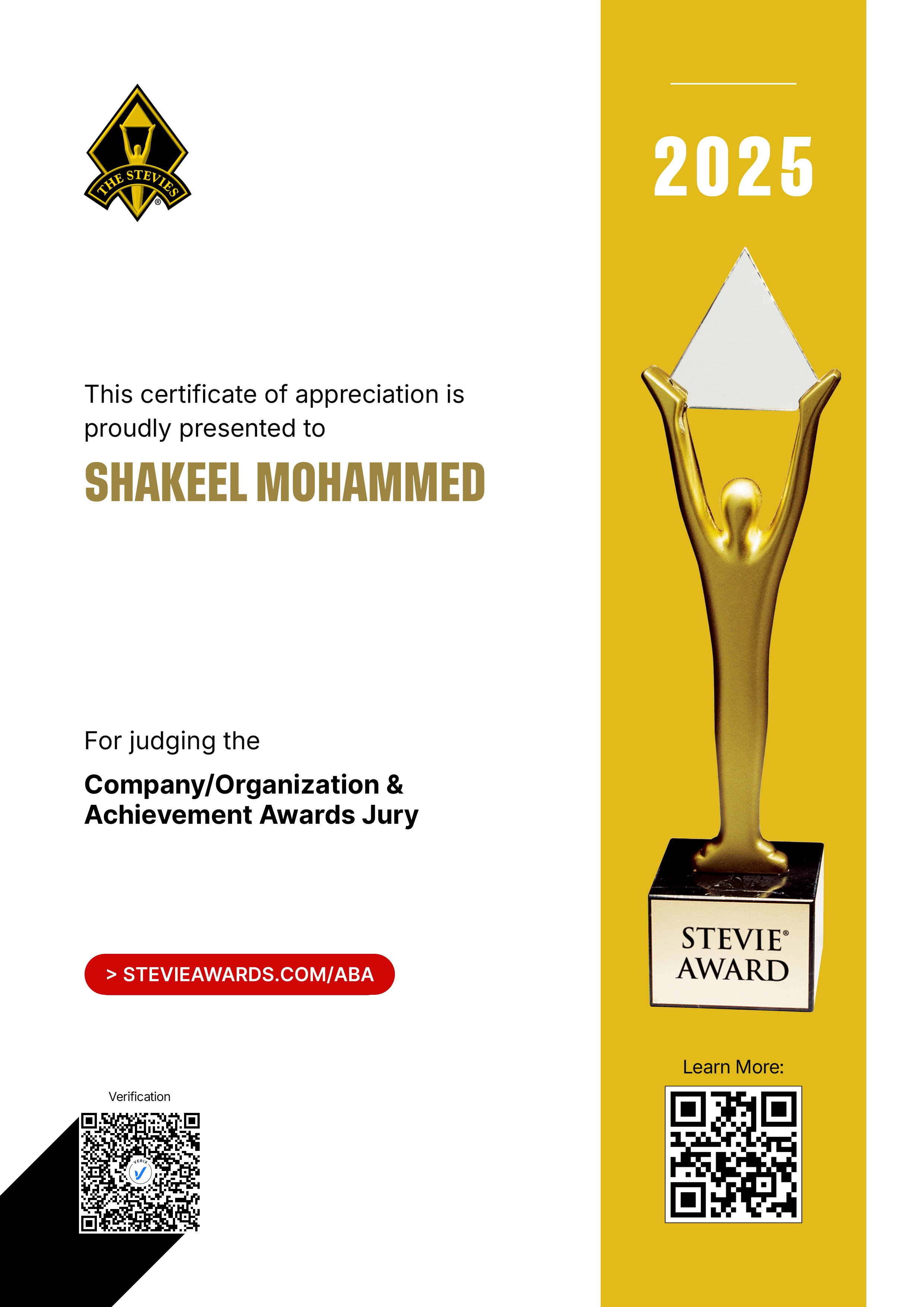American Business Awards® Jury Certificate: Shakeel Mohammed