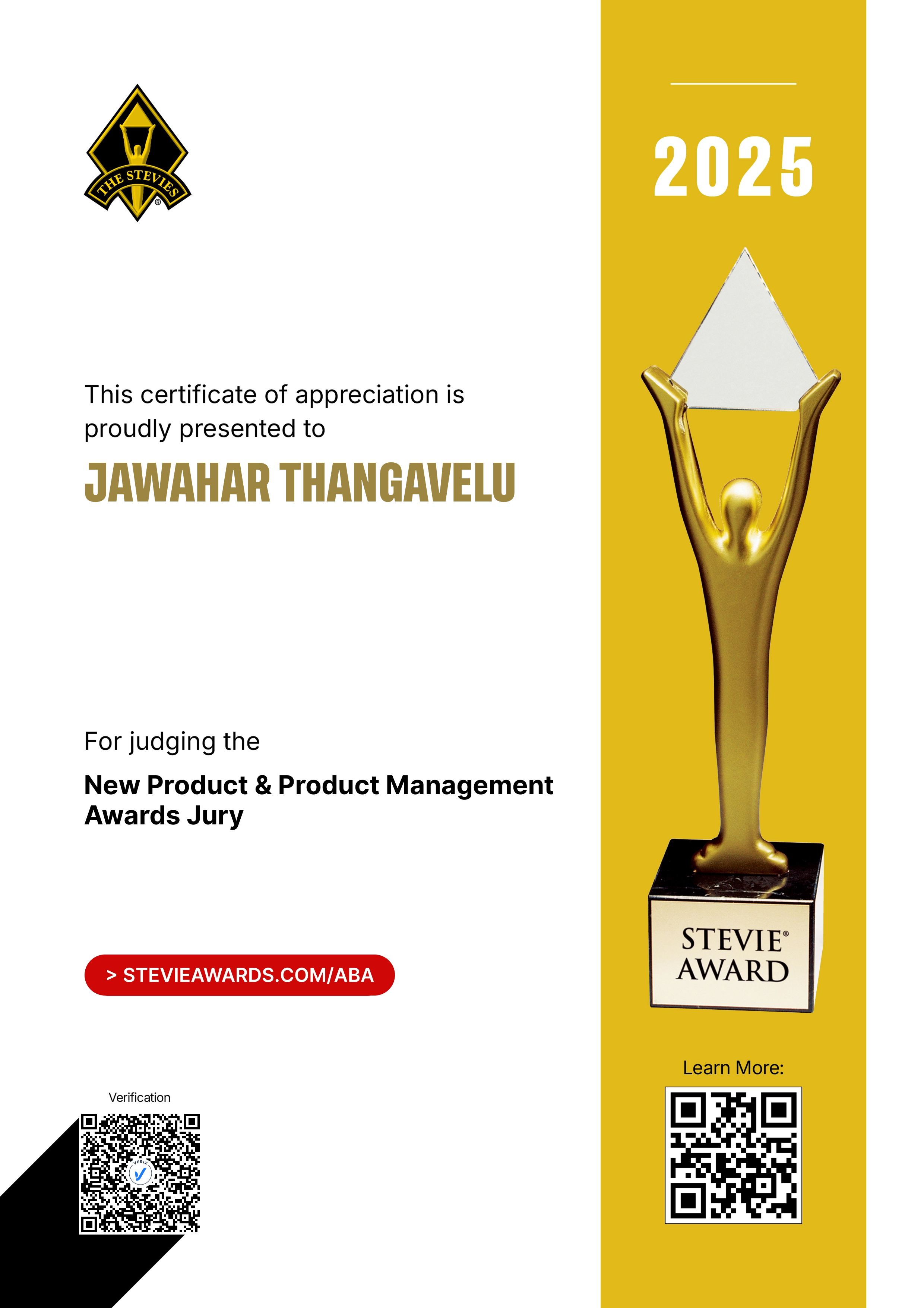American Business Awards® Jury Certificate: Jawahar Thangavelu