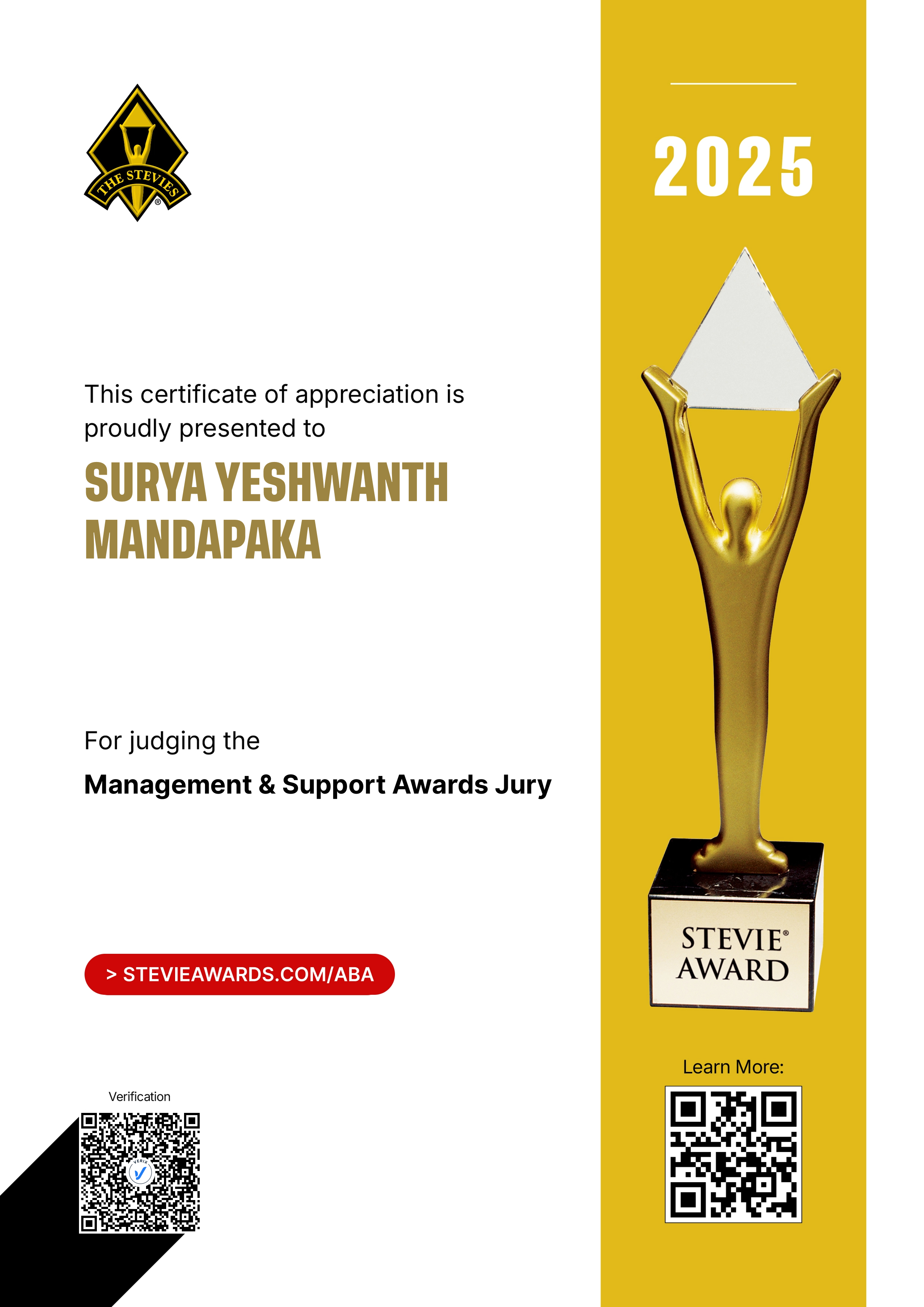 American Business Awards® Jury Certificate: Surya Yeshwanth Mandapaka