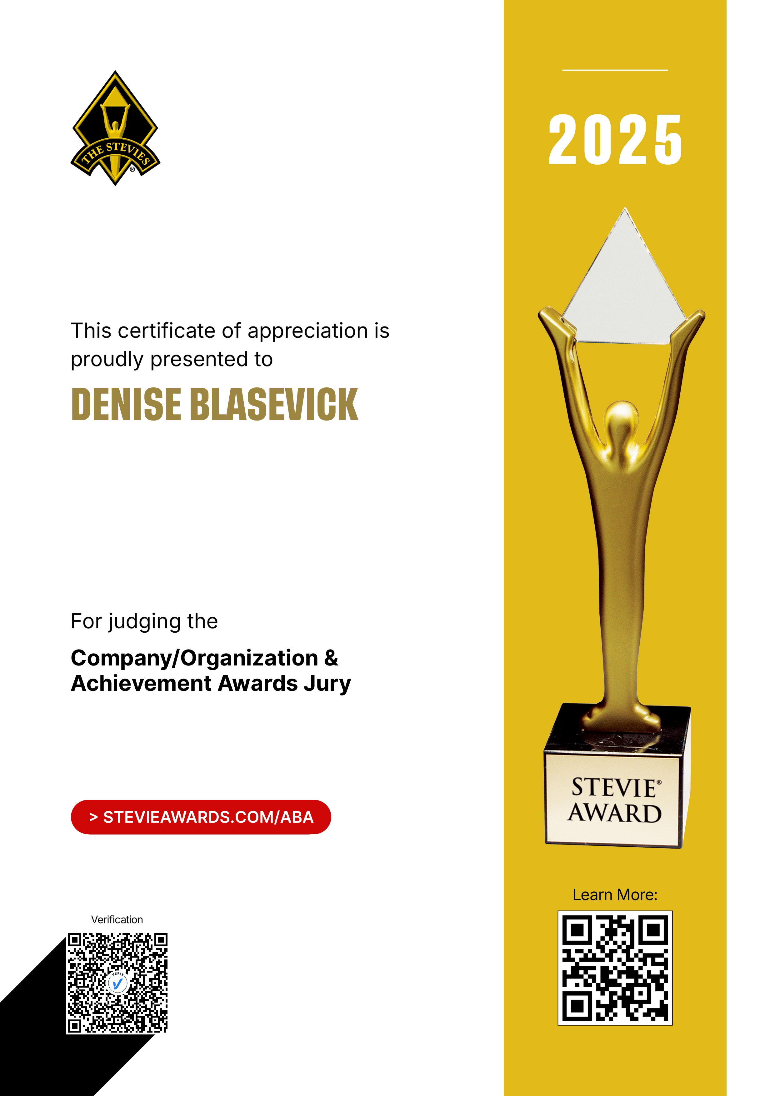American Business Awards® Jury Certificate: Denise Blasevick