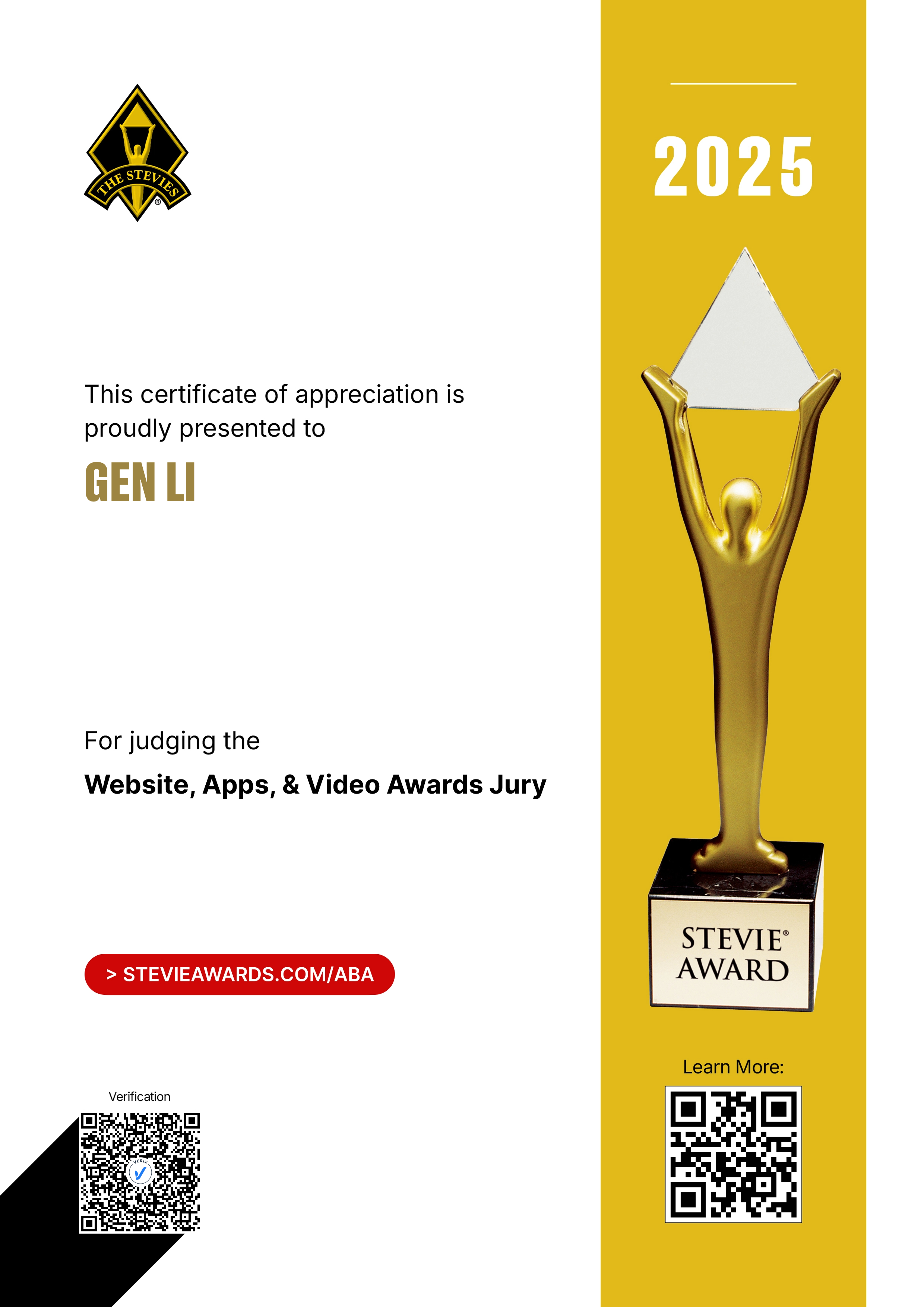 American Business Awards® Jury Certificate: Gen Li