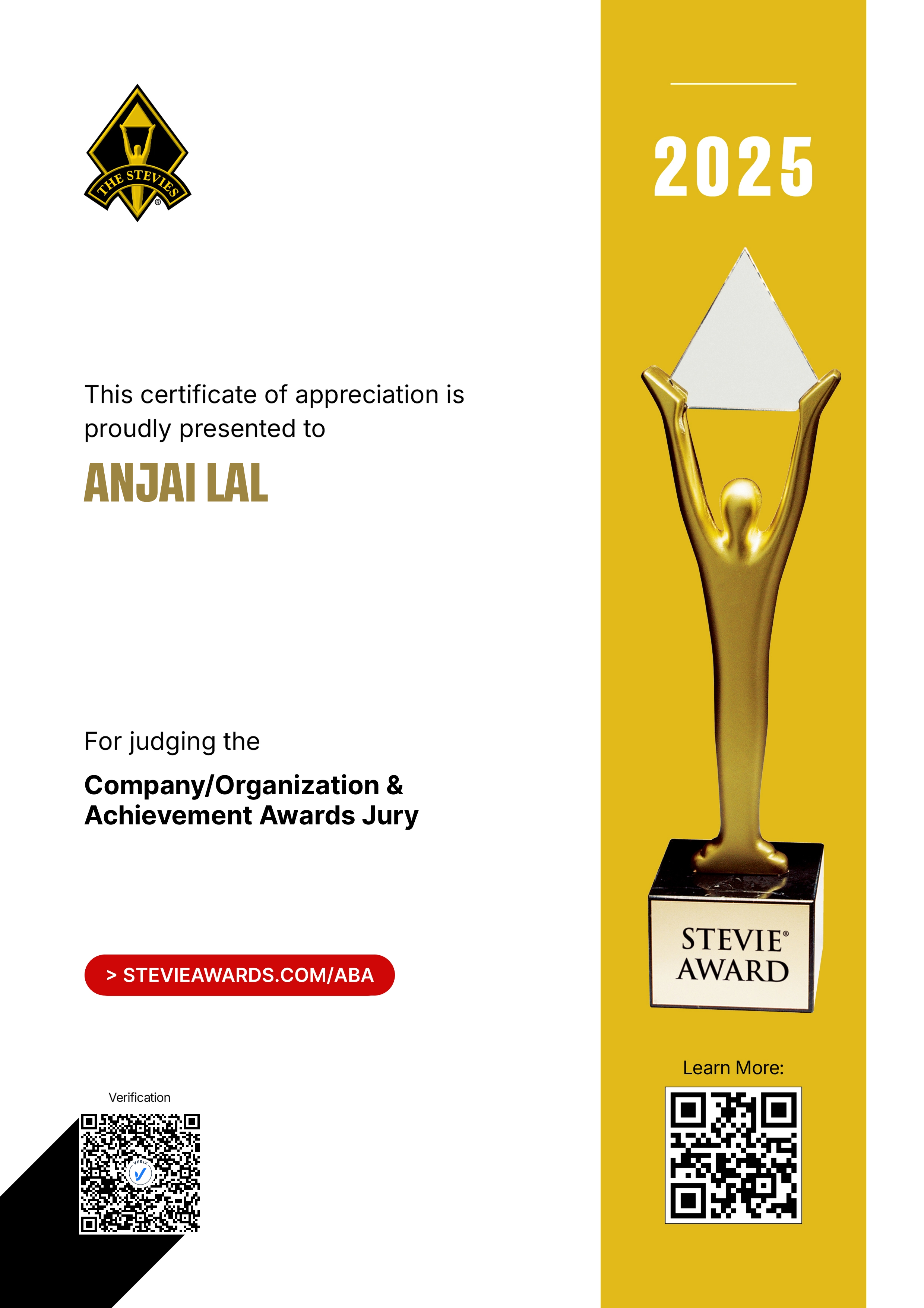 American Business Awards® Jury Certificate: Anjai Lal