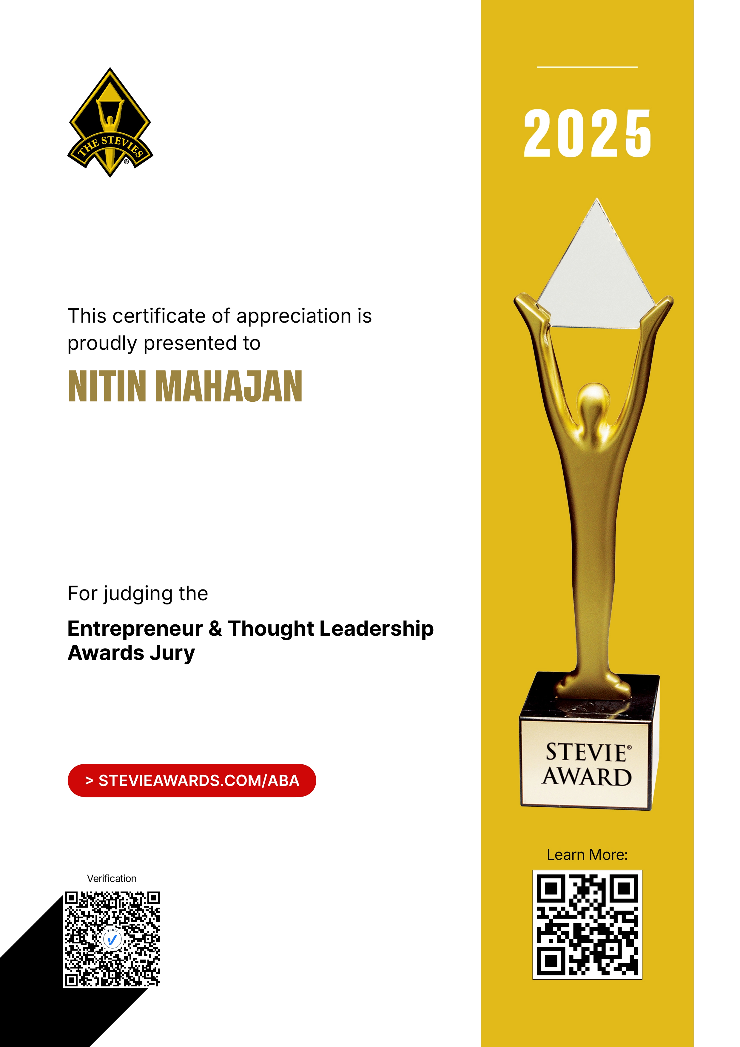 American Business Awards® Jury Certificate: Nitin Mahajan