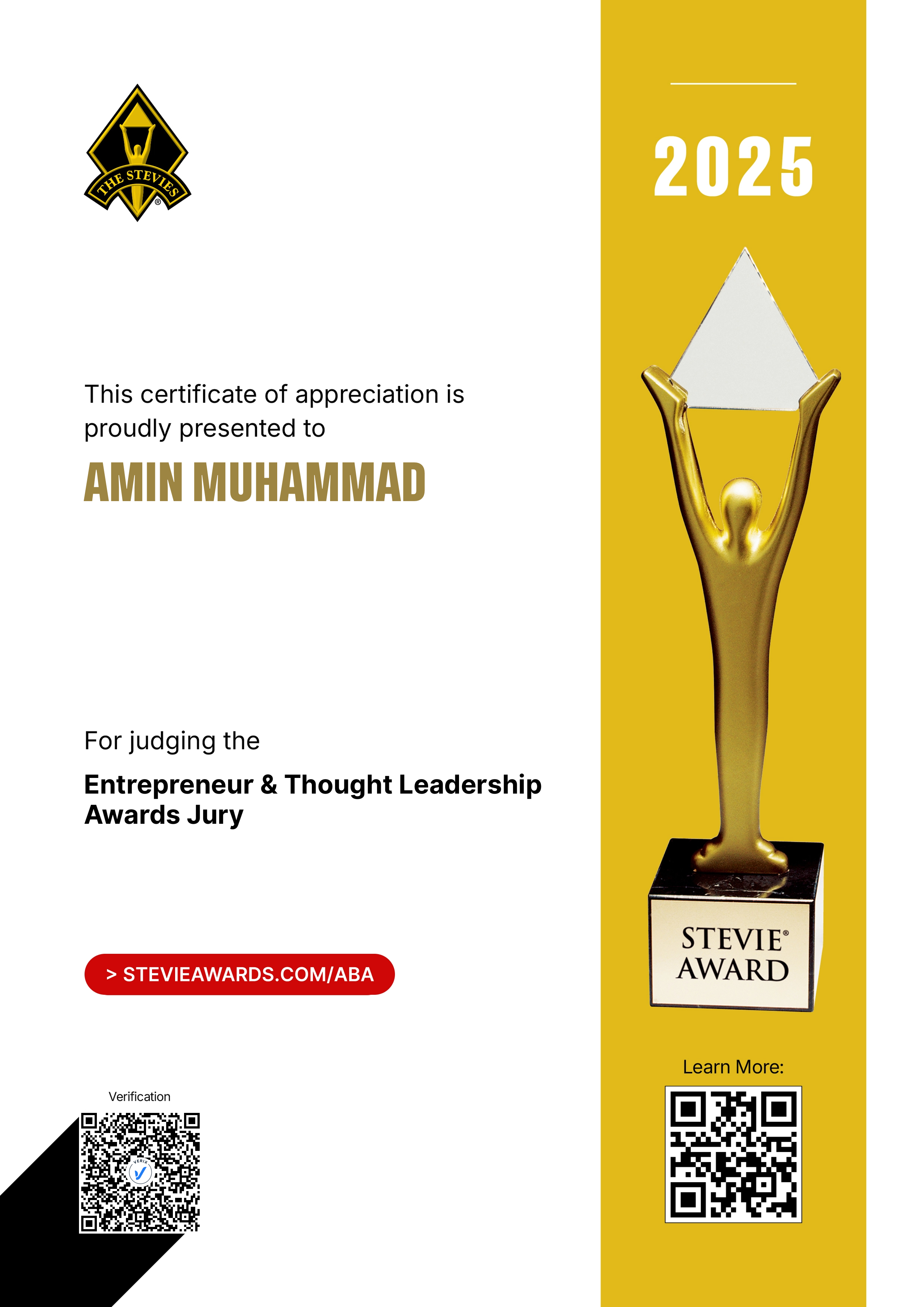 American Business Awards® Jury Certificate: Amin Muhammad