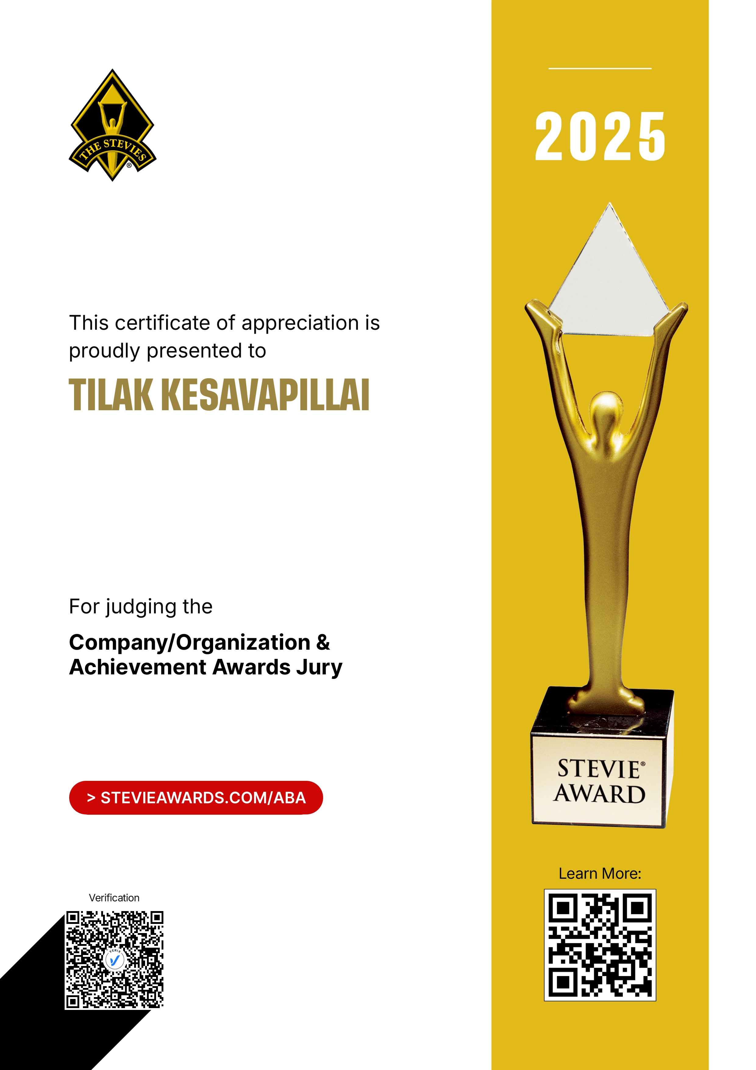 American Business Awards® Jury Certificate: Tilak Kesavapillai