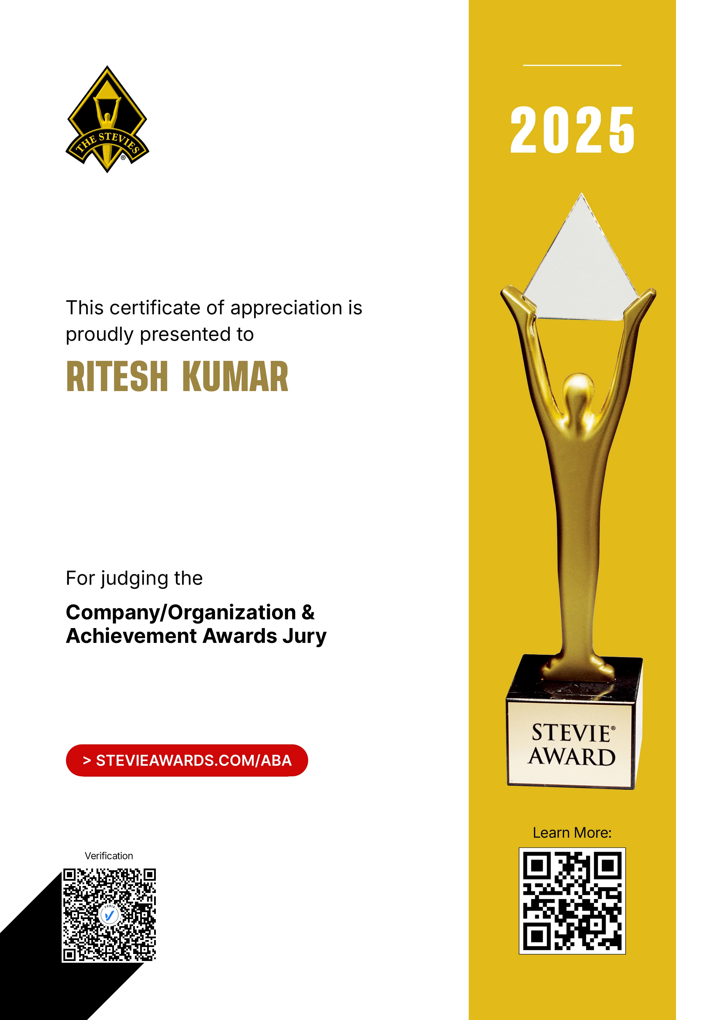 American Business Awards® Jury Certificate: Ritesh  Kumar