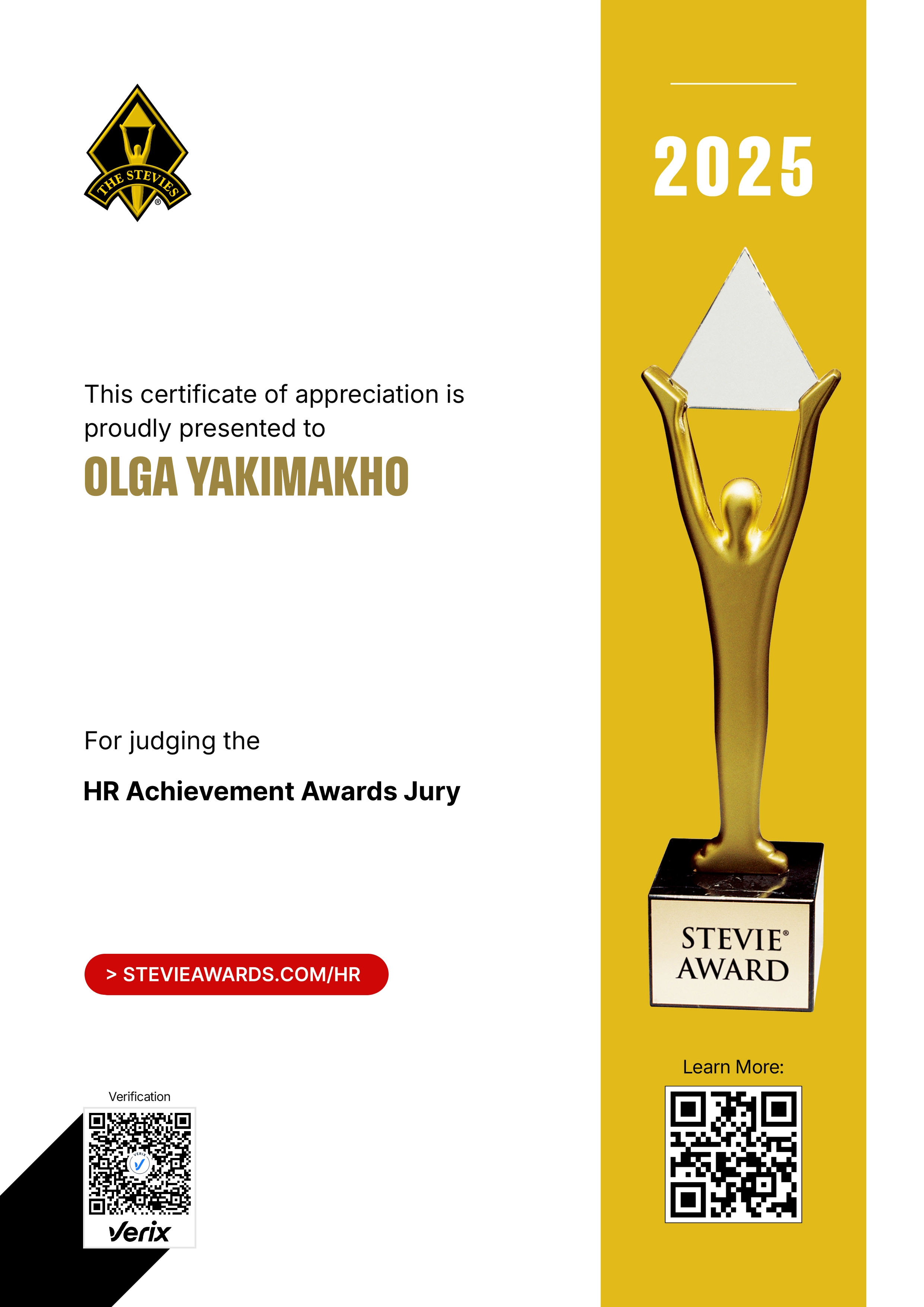 Stevie® Awards for Great Employers Jury Certificate: Olga Yakimakho