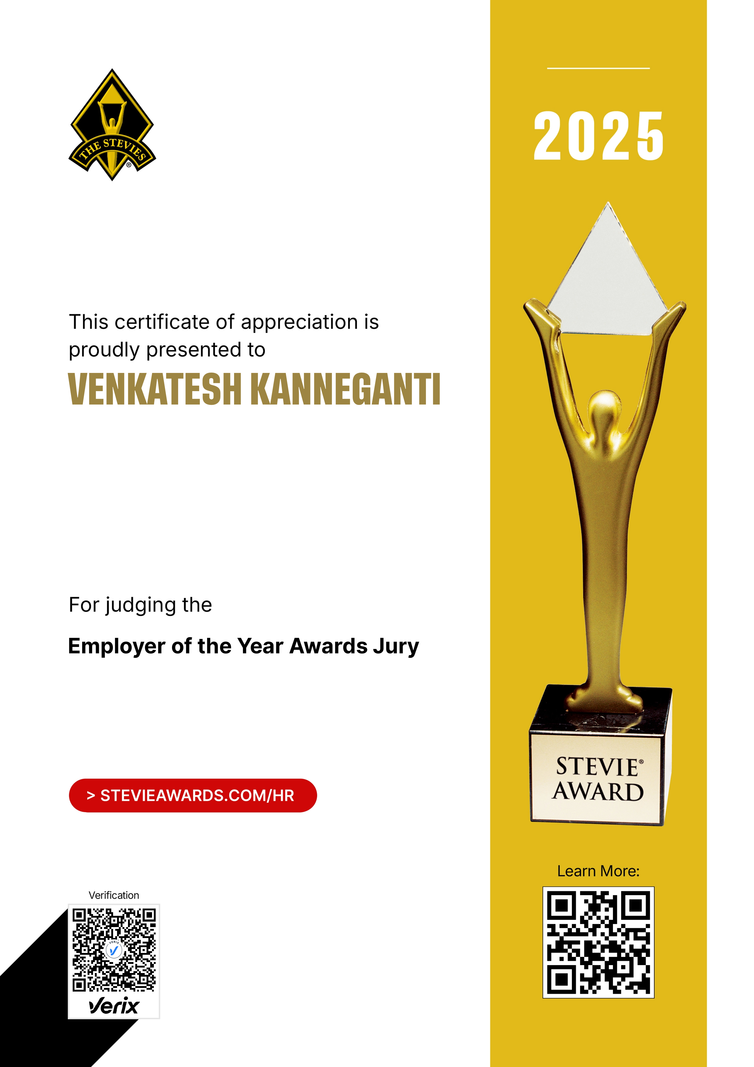 Stevie® Awards for Great Employers Jury Certificate: Venkatesh Kanneganti