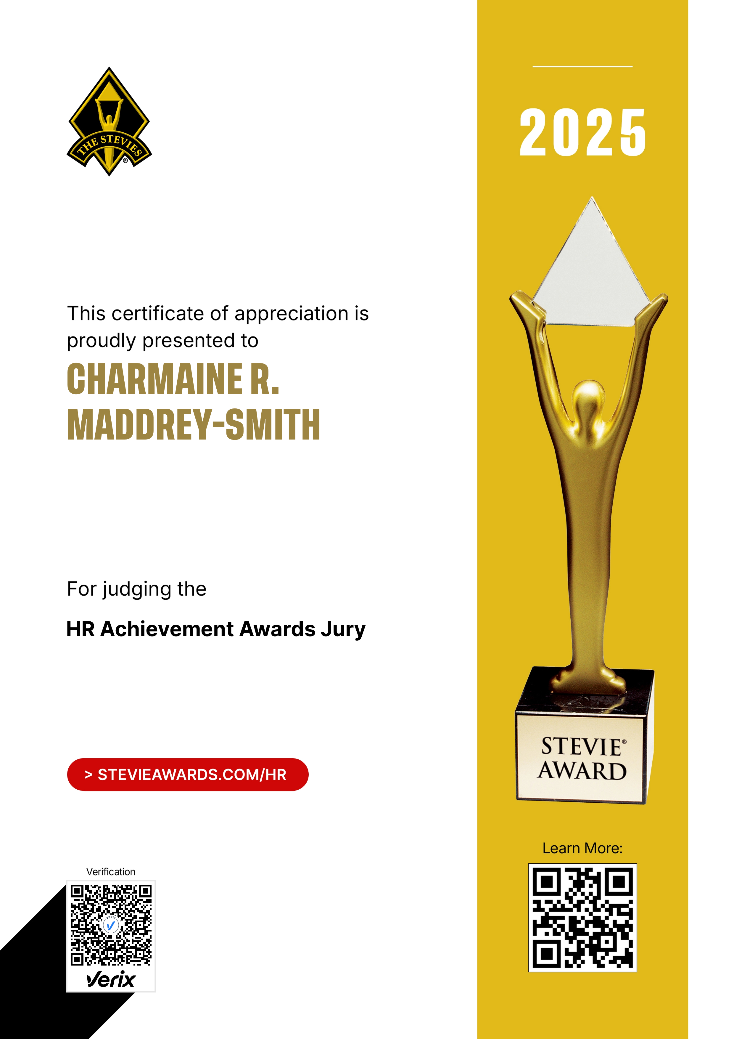Stevie® Awards for Great Employers Jury Certificate: Charmaine R. Maddrey-Smith