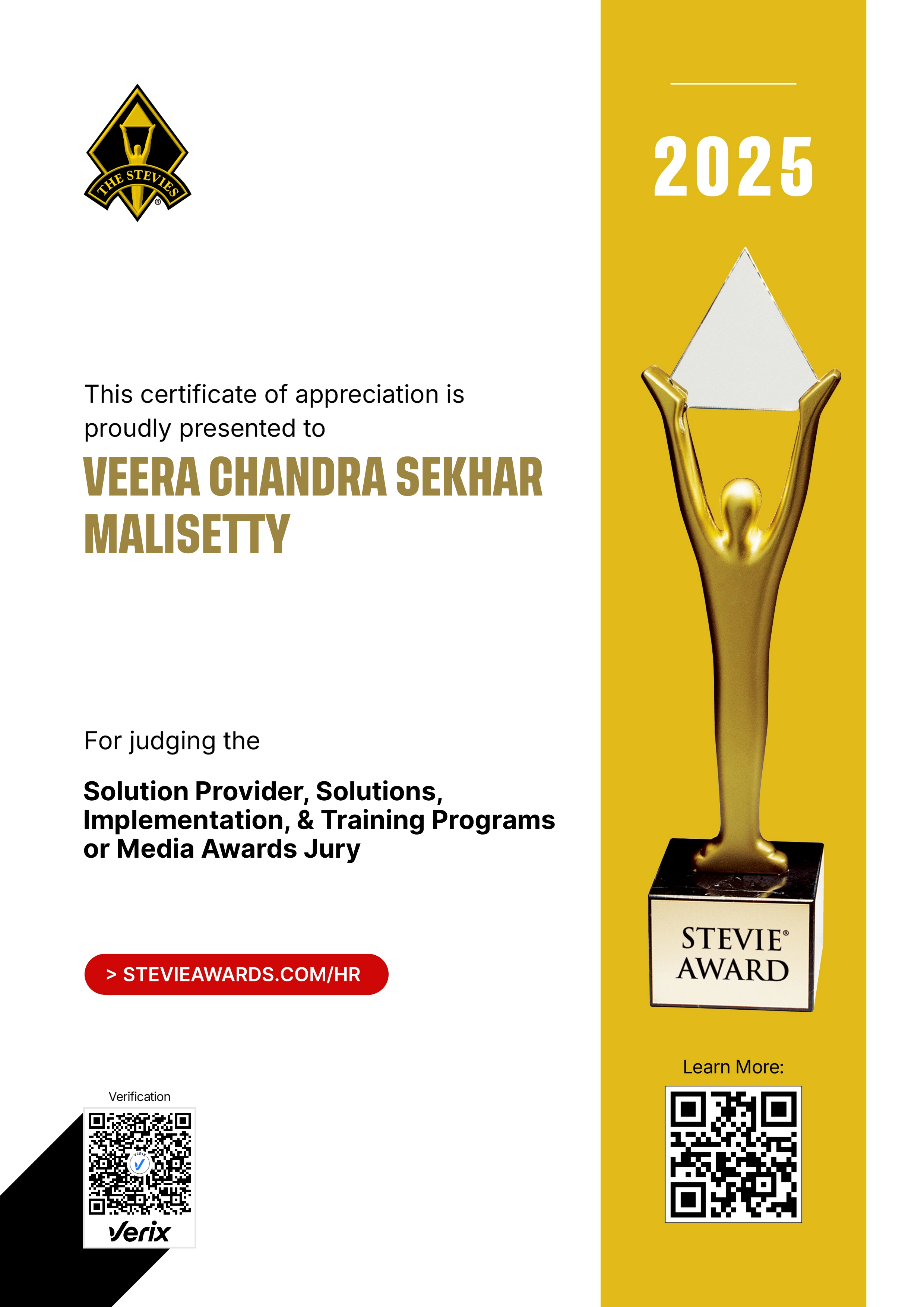 Stevie® Awards for Great Employers Jury Certificate: Veera Chandra Sekhar Malisetty