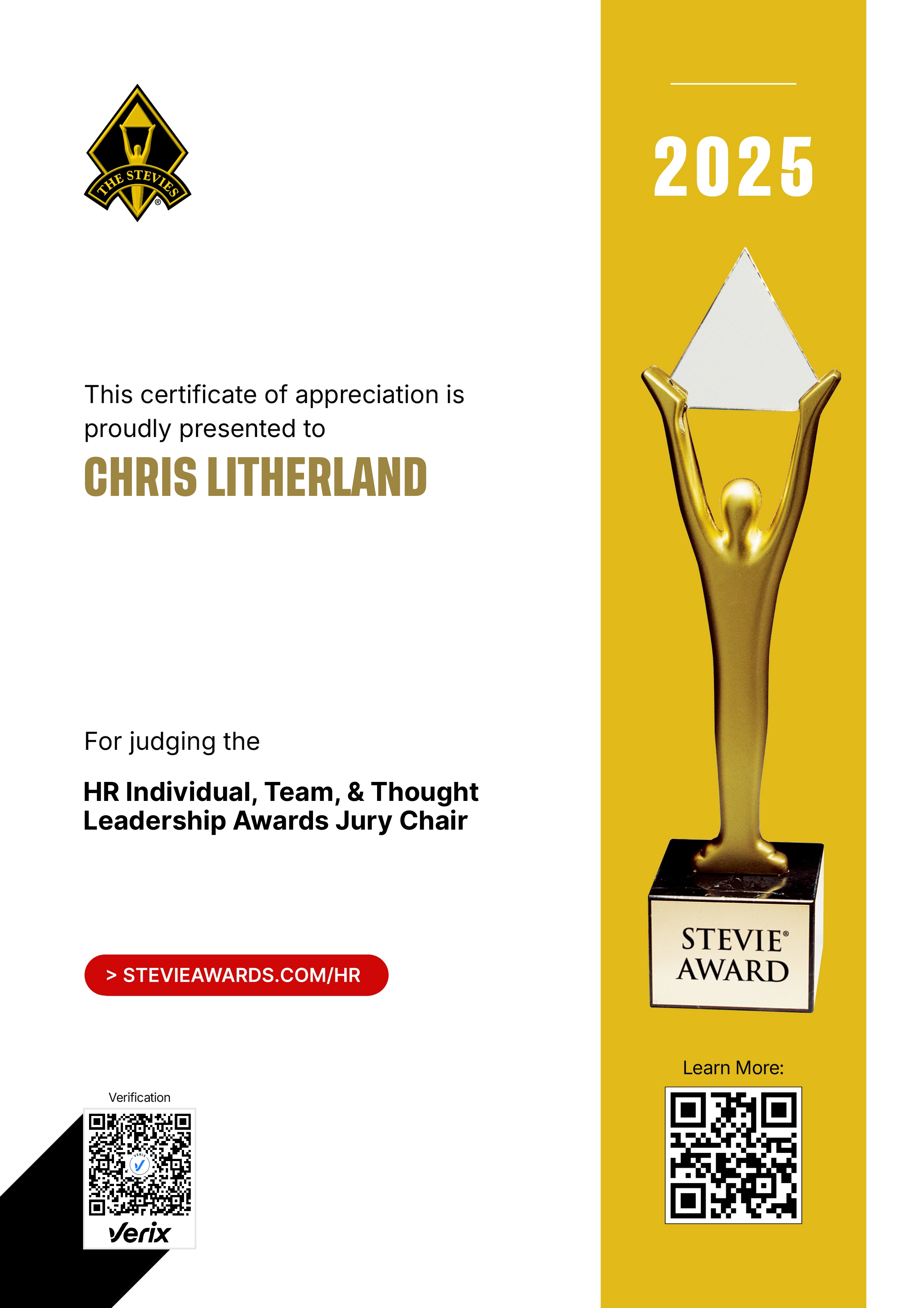 Stevie® Awards for Great Employers Jury Certificate: Chris Litherland