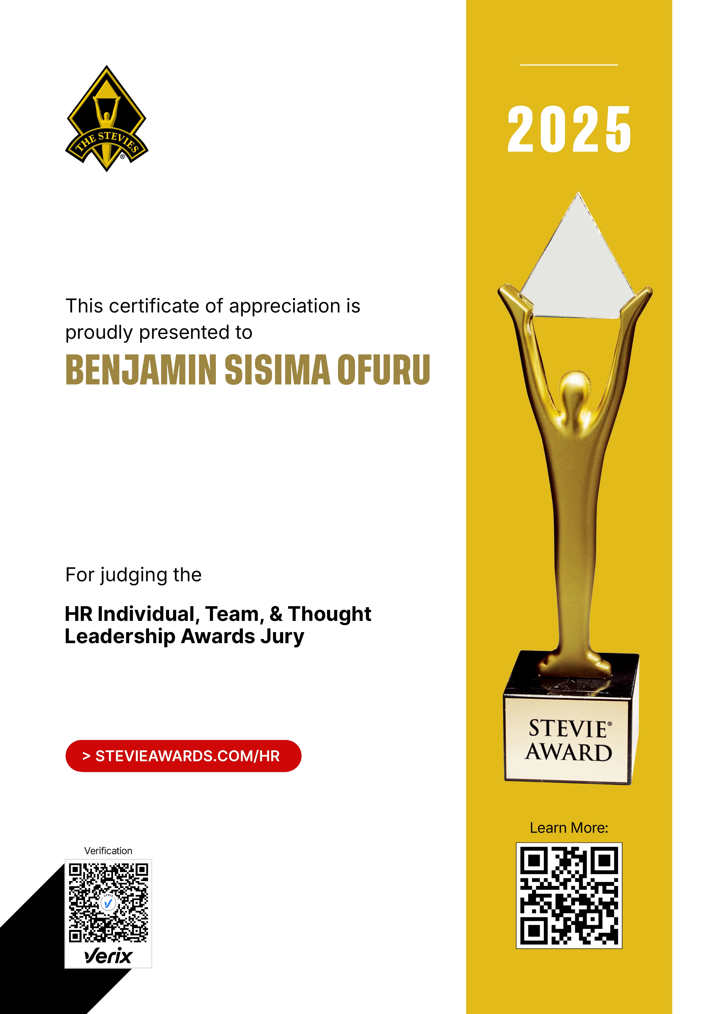 Stevie® Awards for Great Employers Jury Certificate: Benjamin Sisima Ofuru