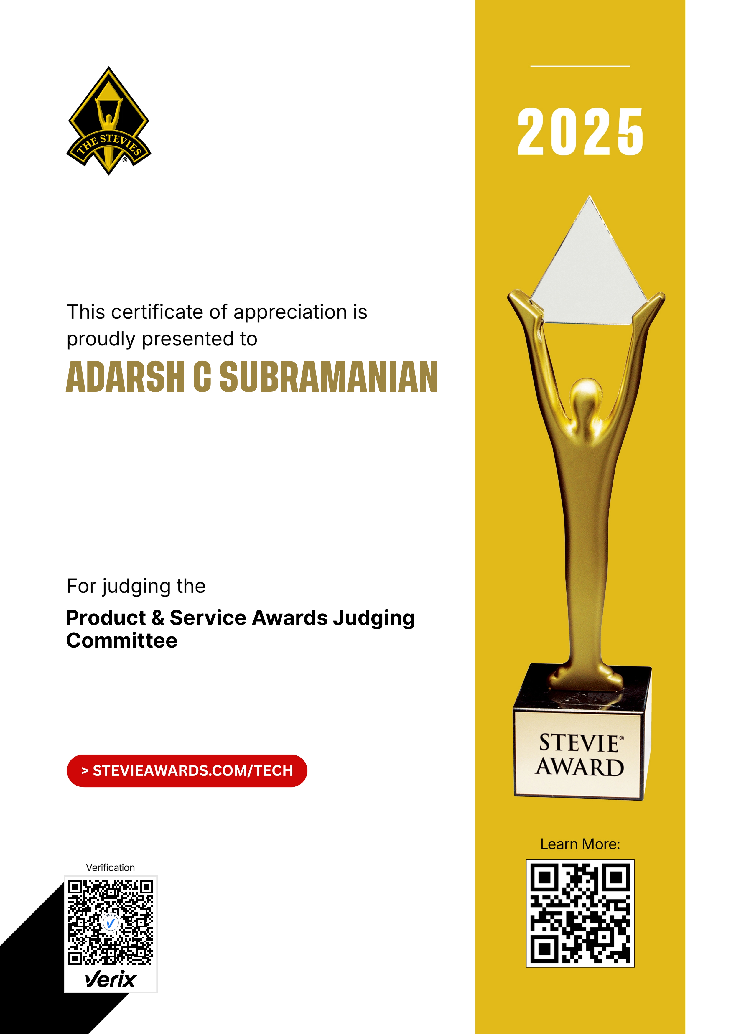 Stevie® Awards for Technology Excellence Jury Certificate: Adarsh C Subramanian