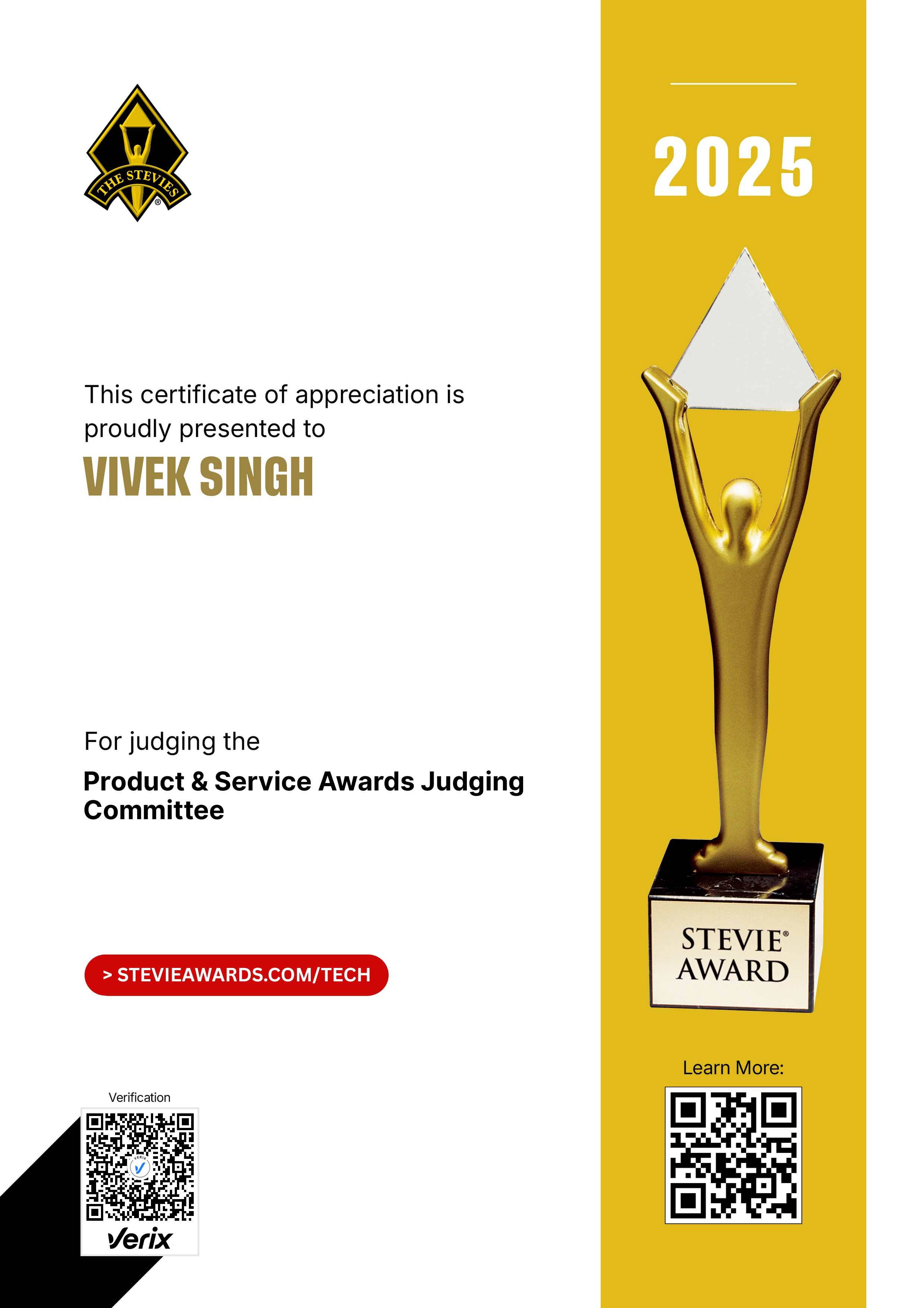 Stevie® Awards for Technology Excellence Jury Certificate: Vivek Singh
