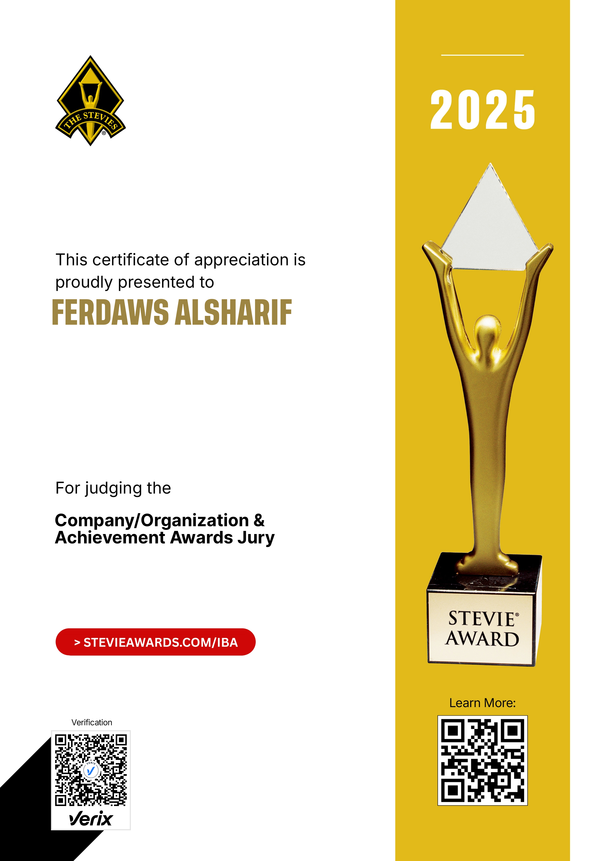 International Business Awards® Jury Certificate: Ferdaws Alsharif