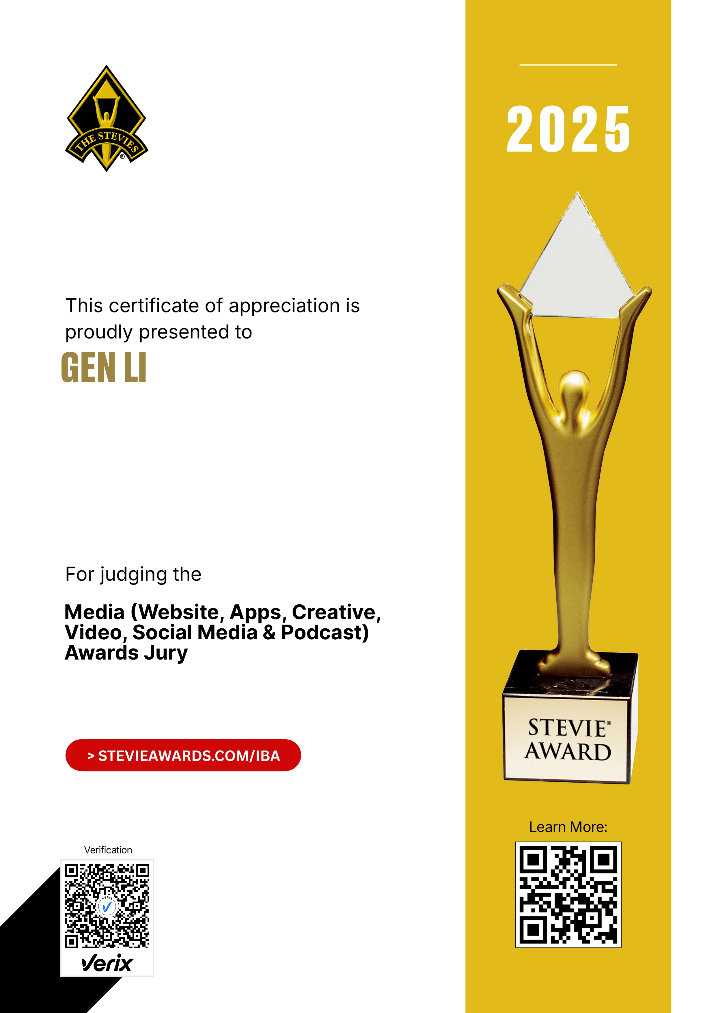 International Business Awards® Jury Certificate: Gen Li