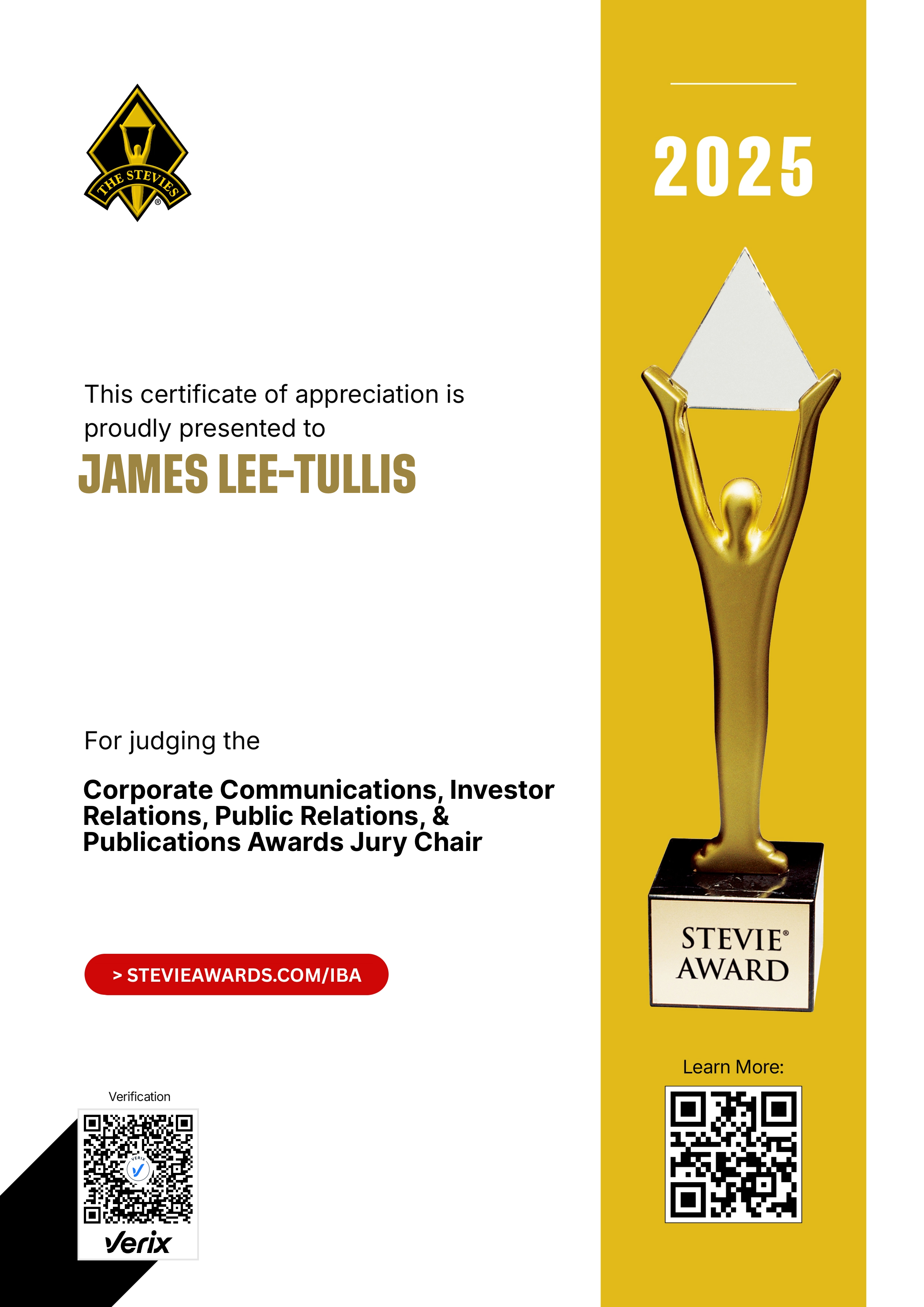 International Business Awards® Jury Certificate: James Lee-Tullis