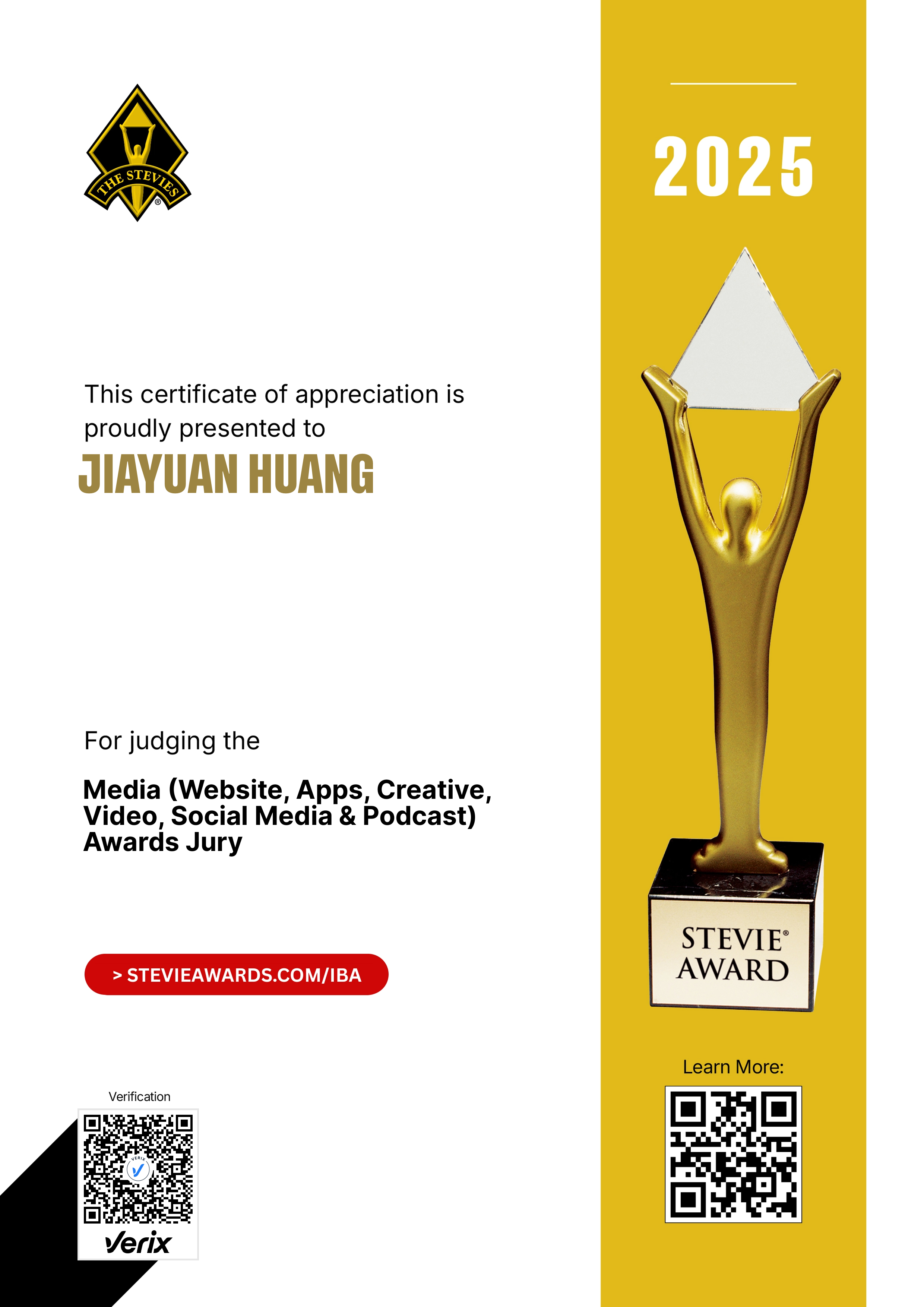 International Business Awards® Jury Certificate: Jiayuan Huang