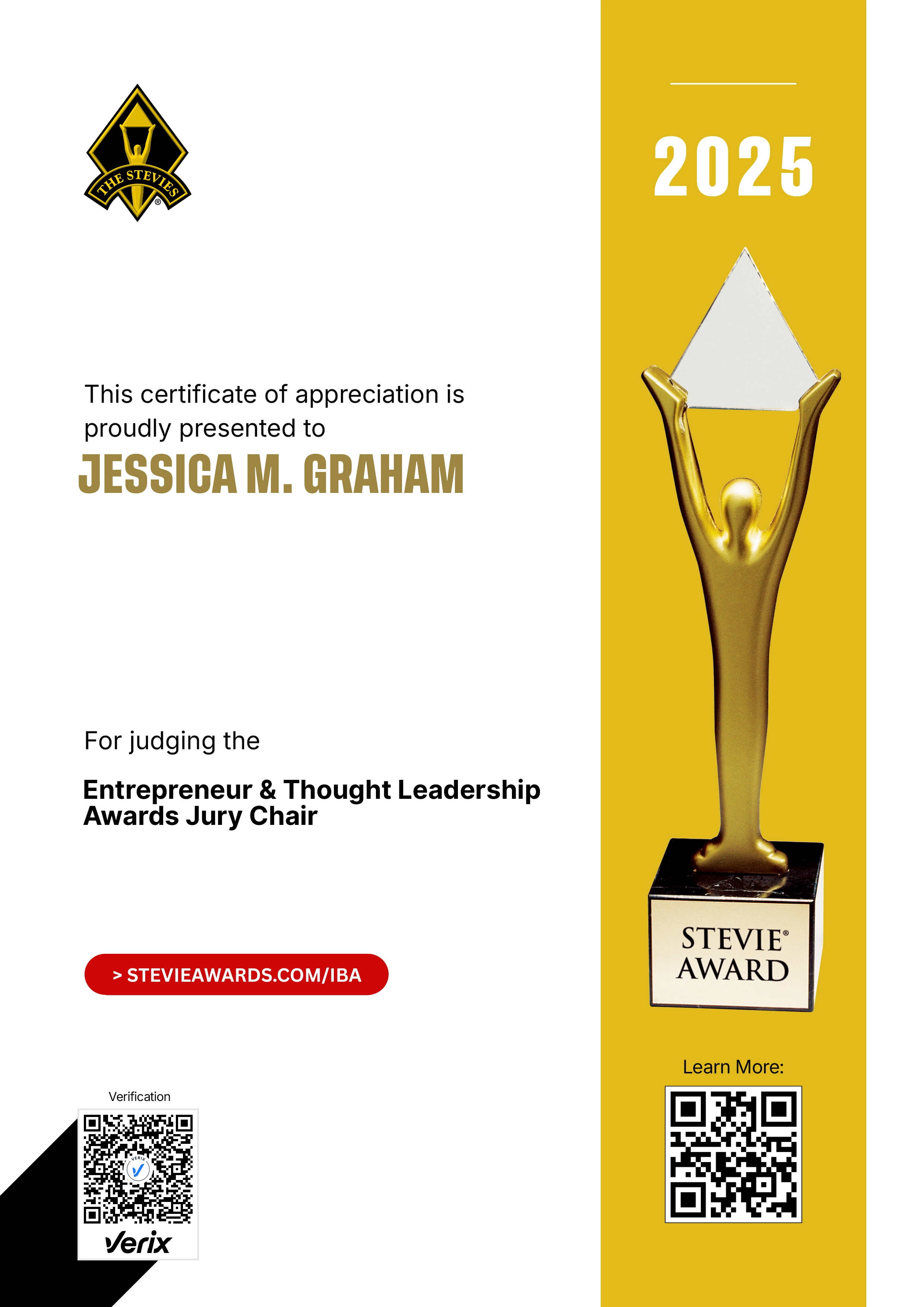 International Business Awards® Jury Certificate: Jessica M. Graham