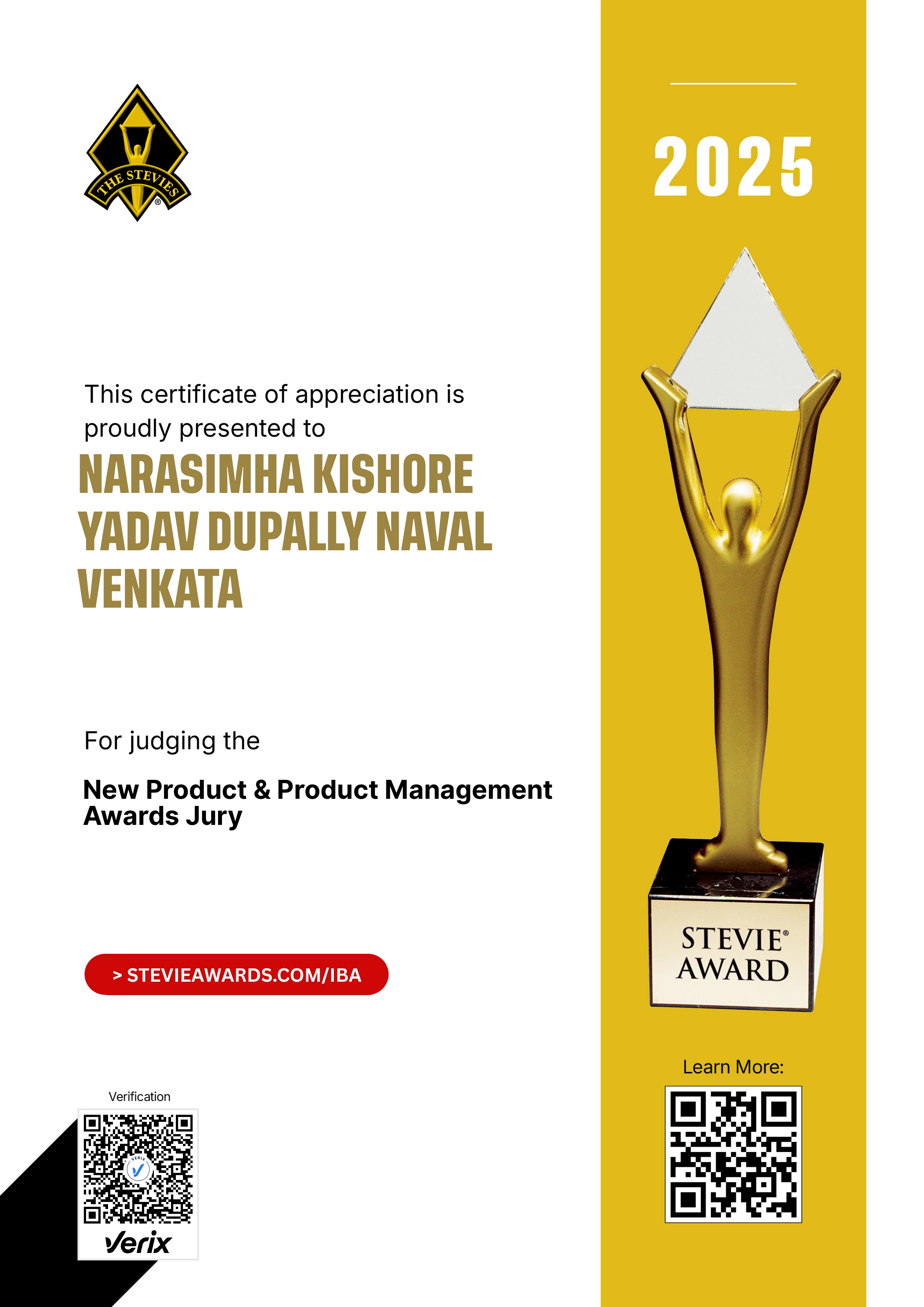 International Business Awards® Jury Certificate: Narasimha Kishore Yadav Dupally Naval Venkata