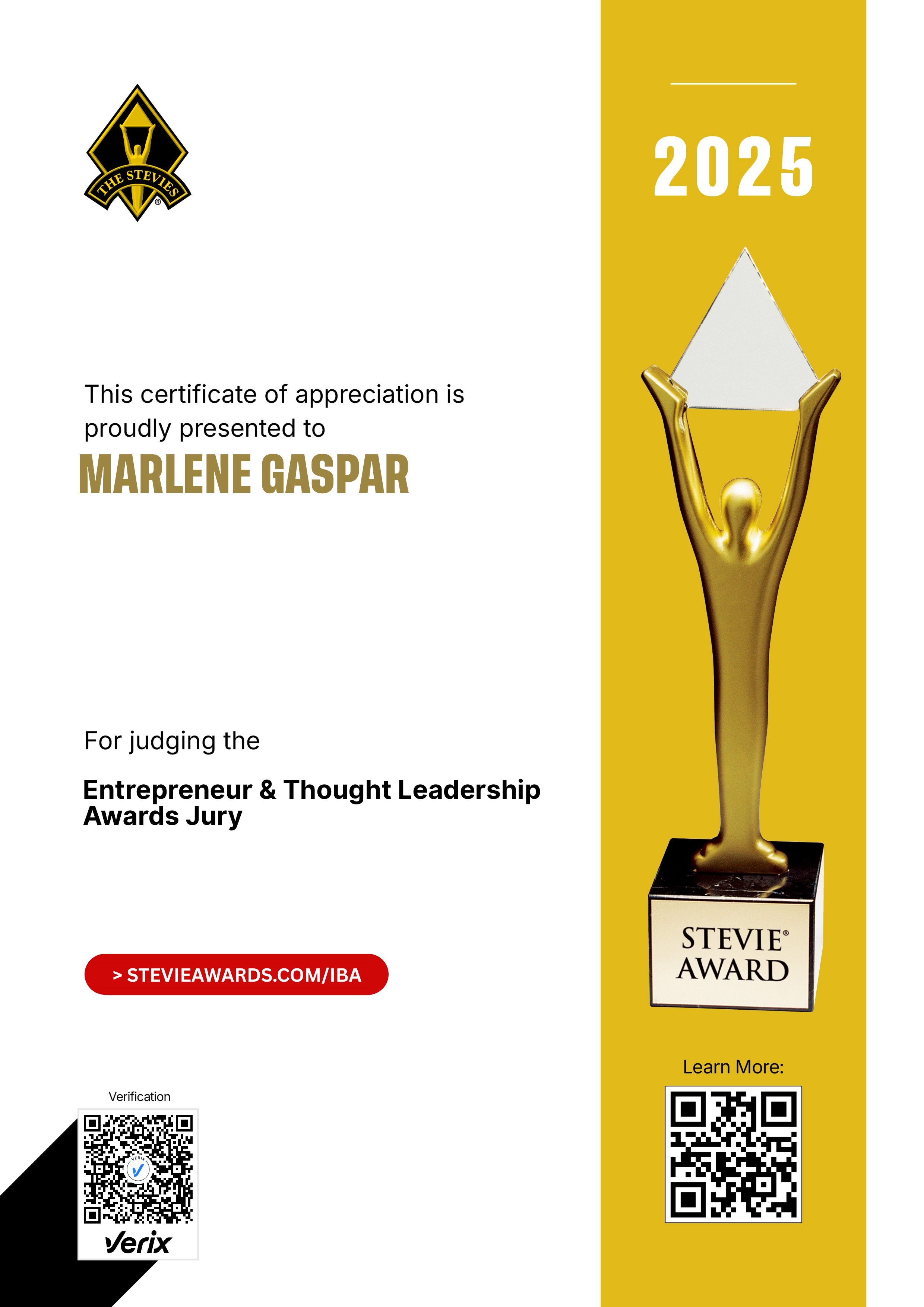 International Business Awards® Jury Certificate: Marlene Gaspar
