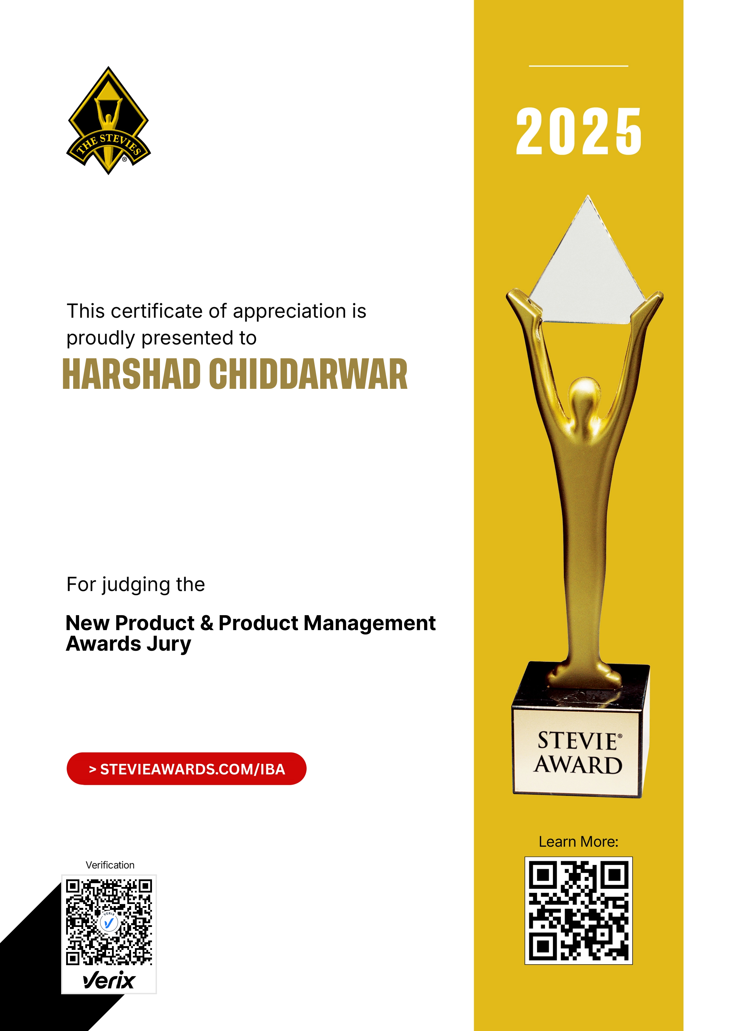International Business Awards® Jury Certificate: Harshad Chiddarwar