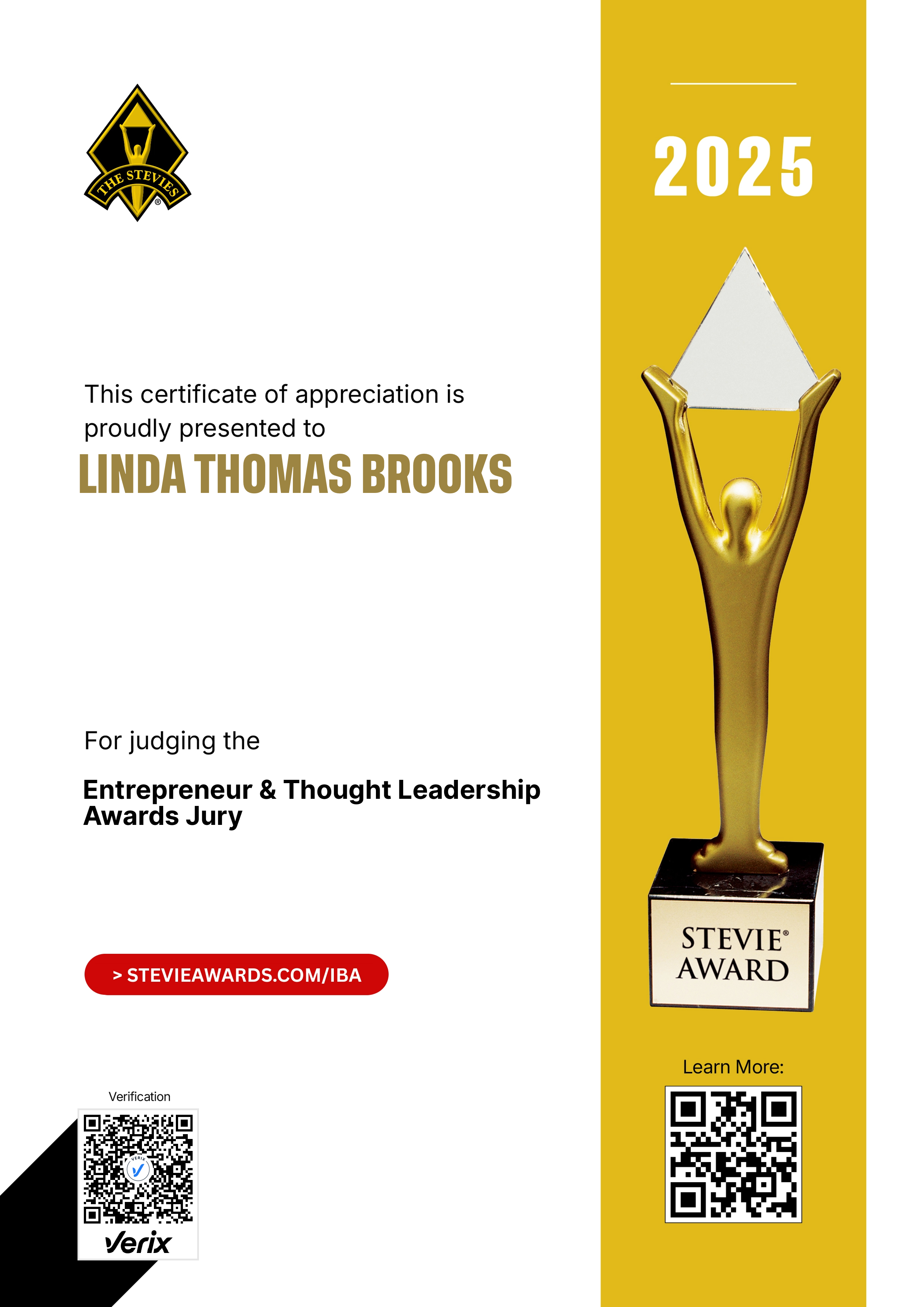International Business Awards® Jury Certificate: Linda Thomas Brooks