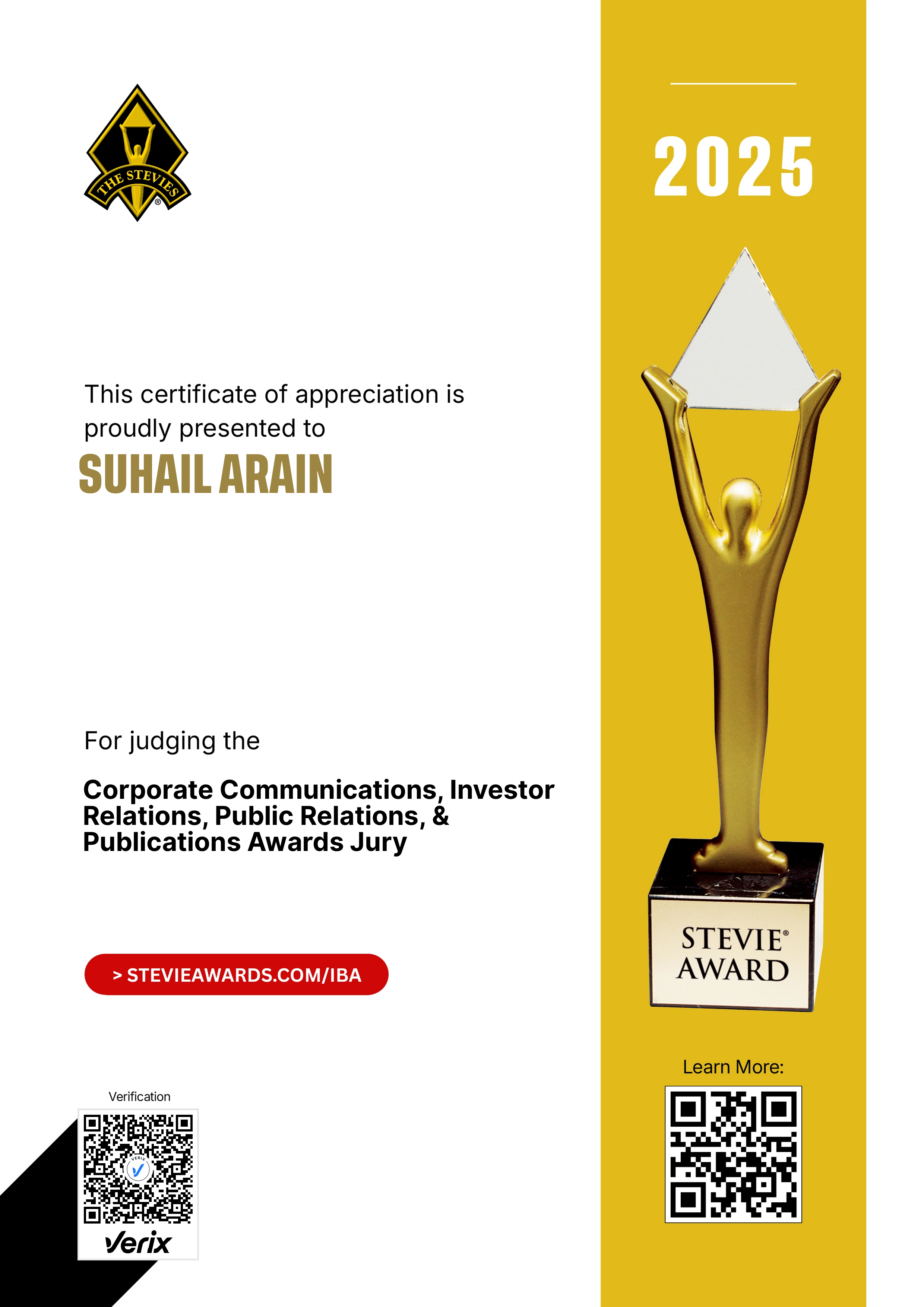 International Business Awards® Jury Certificate: Suhail Arain