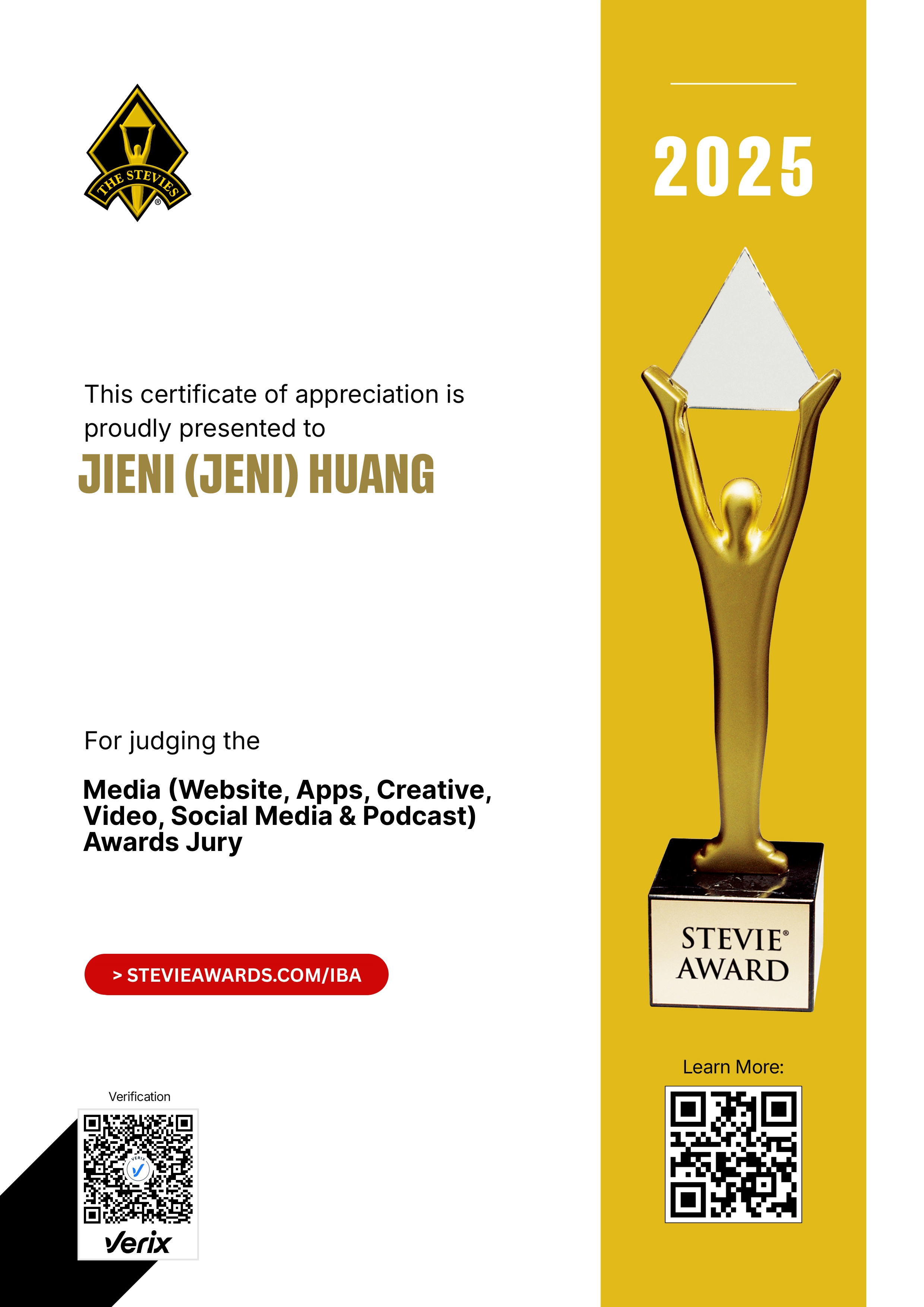International Business Awards® Jury Certificate: Jieni (Jeni) Huang