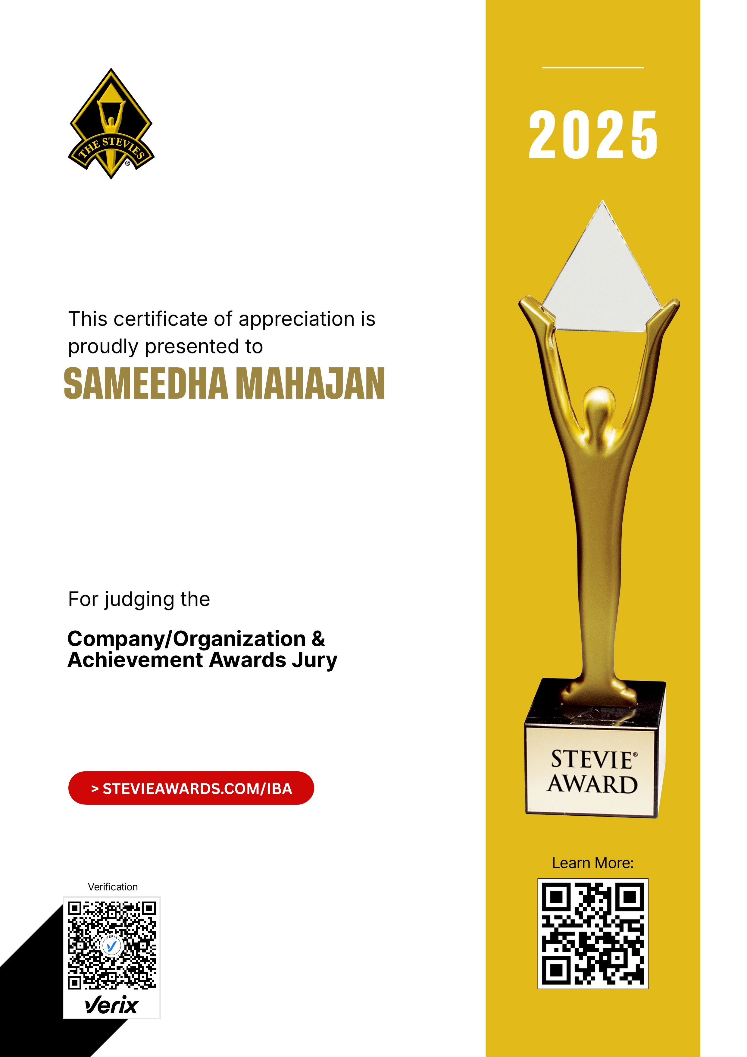 International Business Awards® Jury Certificate: Sameedha Mahajan
