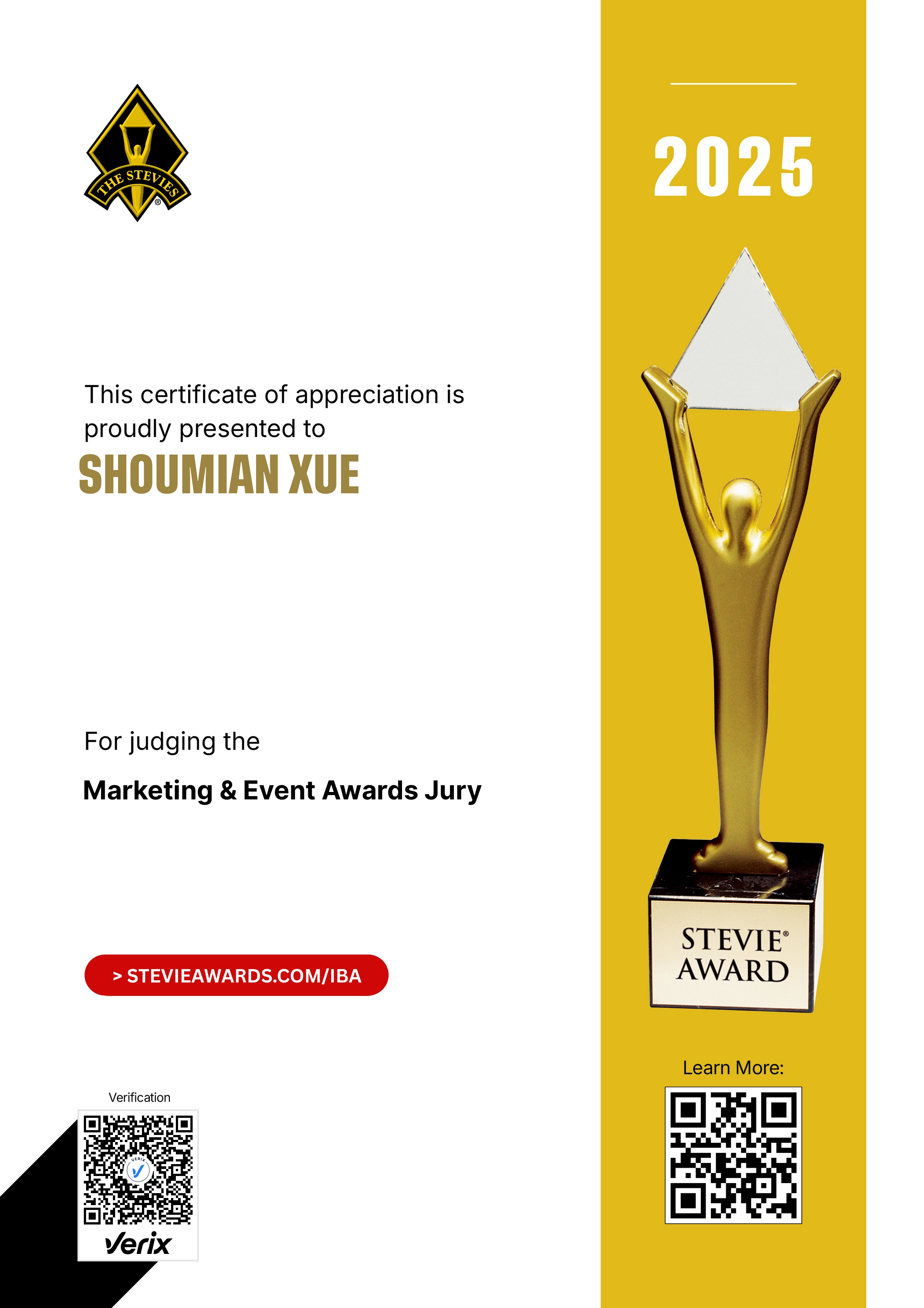 International Business Awards® Jury Certificate: Shoumian Xue