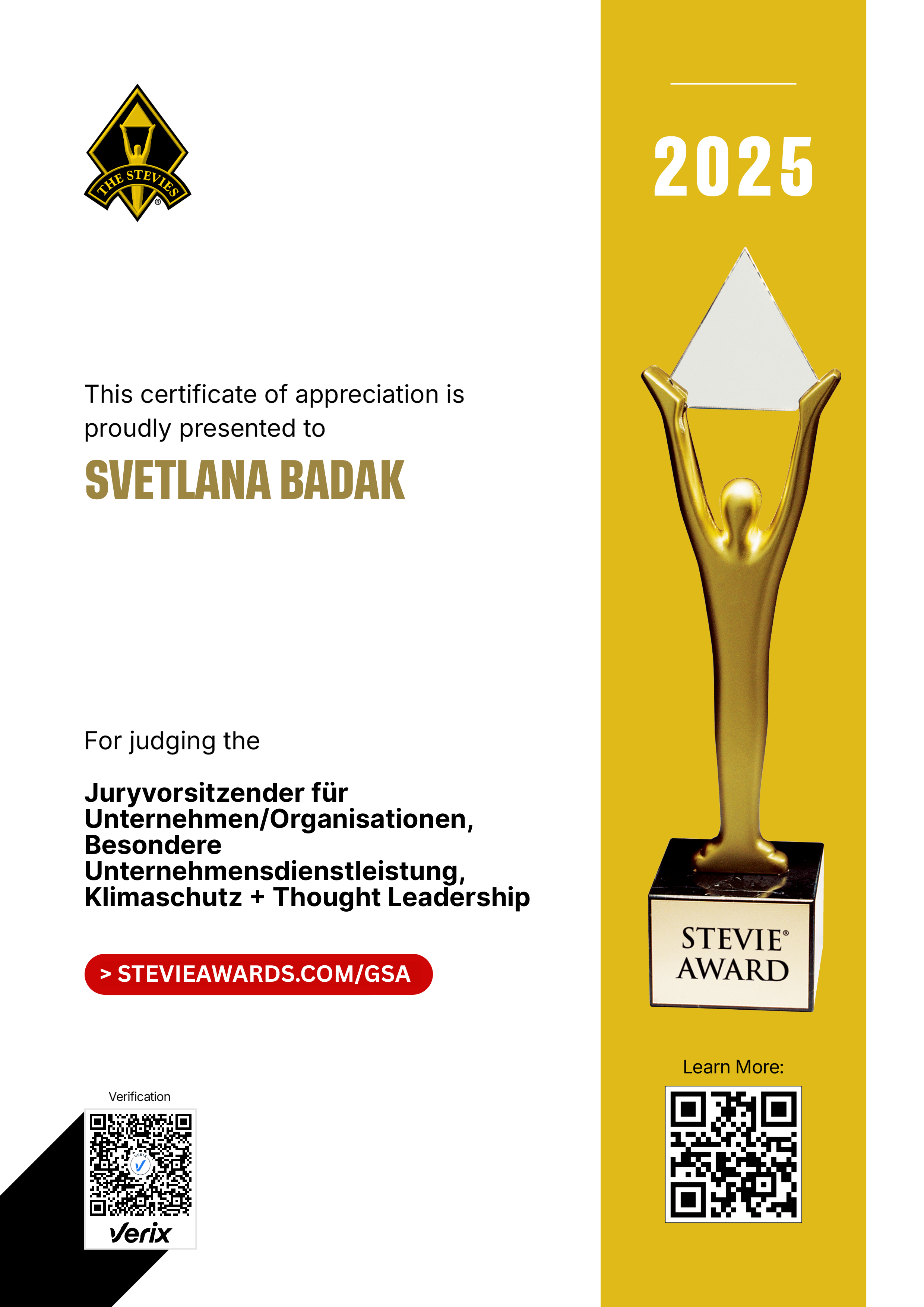 German Stevie Awards Jury Certificate: Svetlana Badak