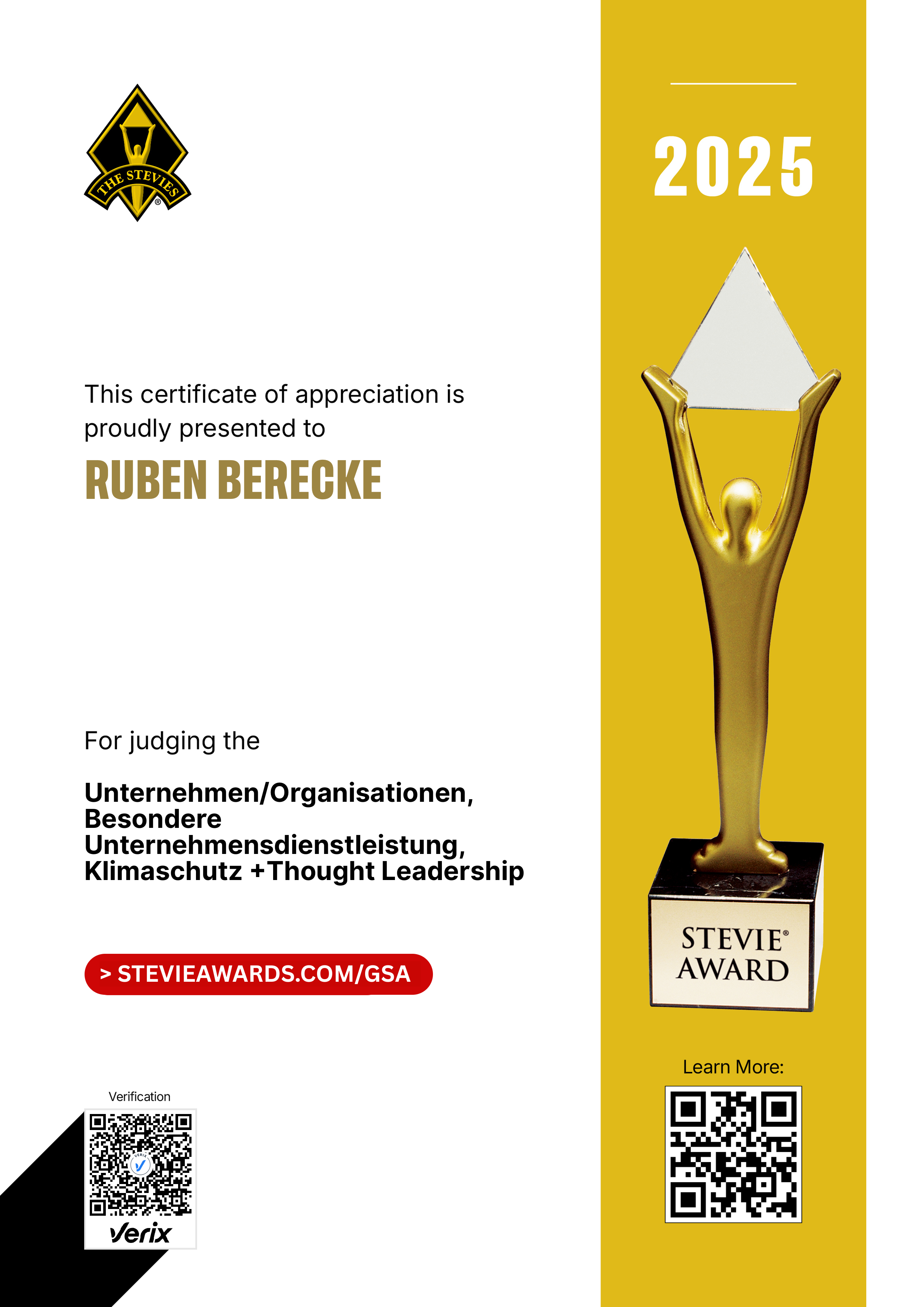 German Stevie Awards Jury Certificate: Ruben Berecke