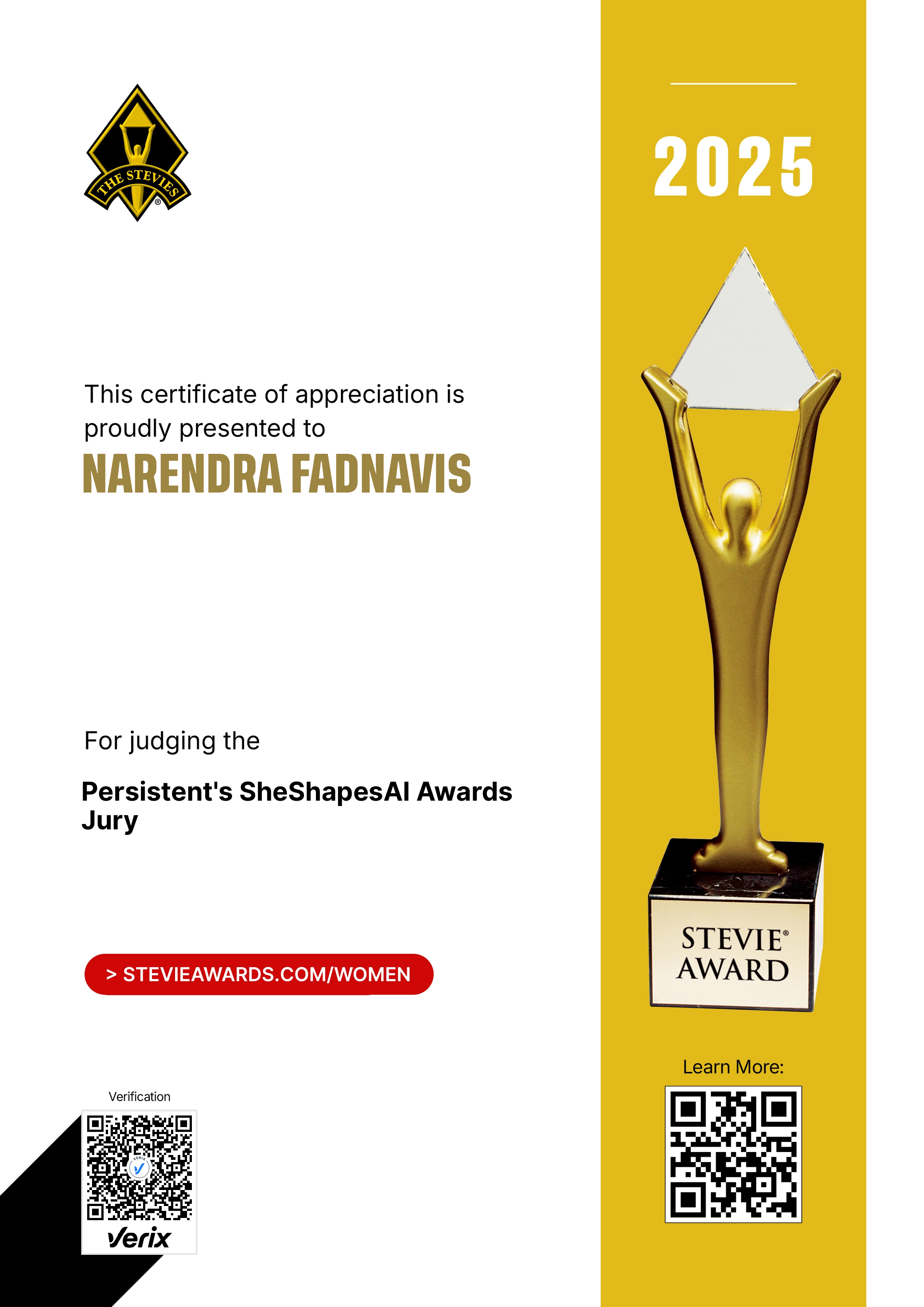 Stevie® Awards for Women in Business Jury Certificate: Narendra Fadnavis