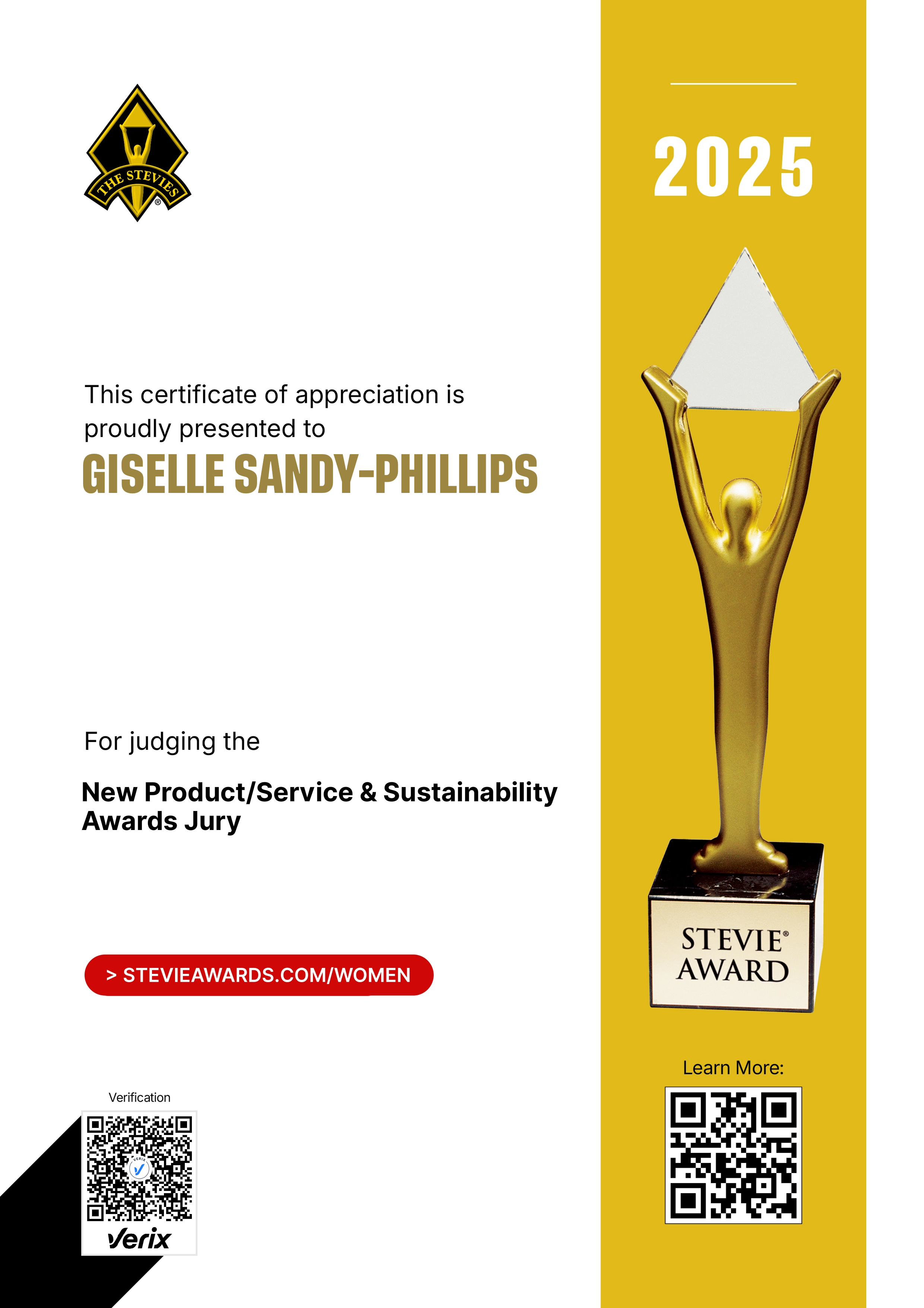 Stevie® Awards for Women in Business Jury Certificate: Giselle Sandy-Phillips