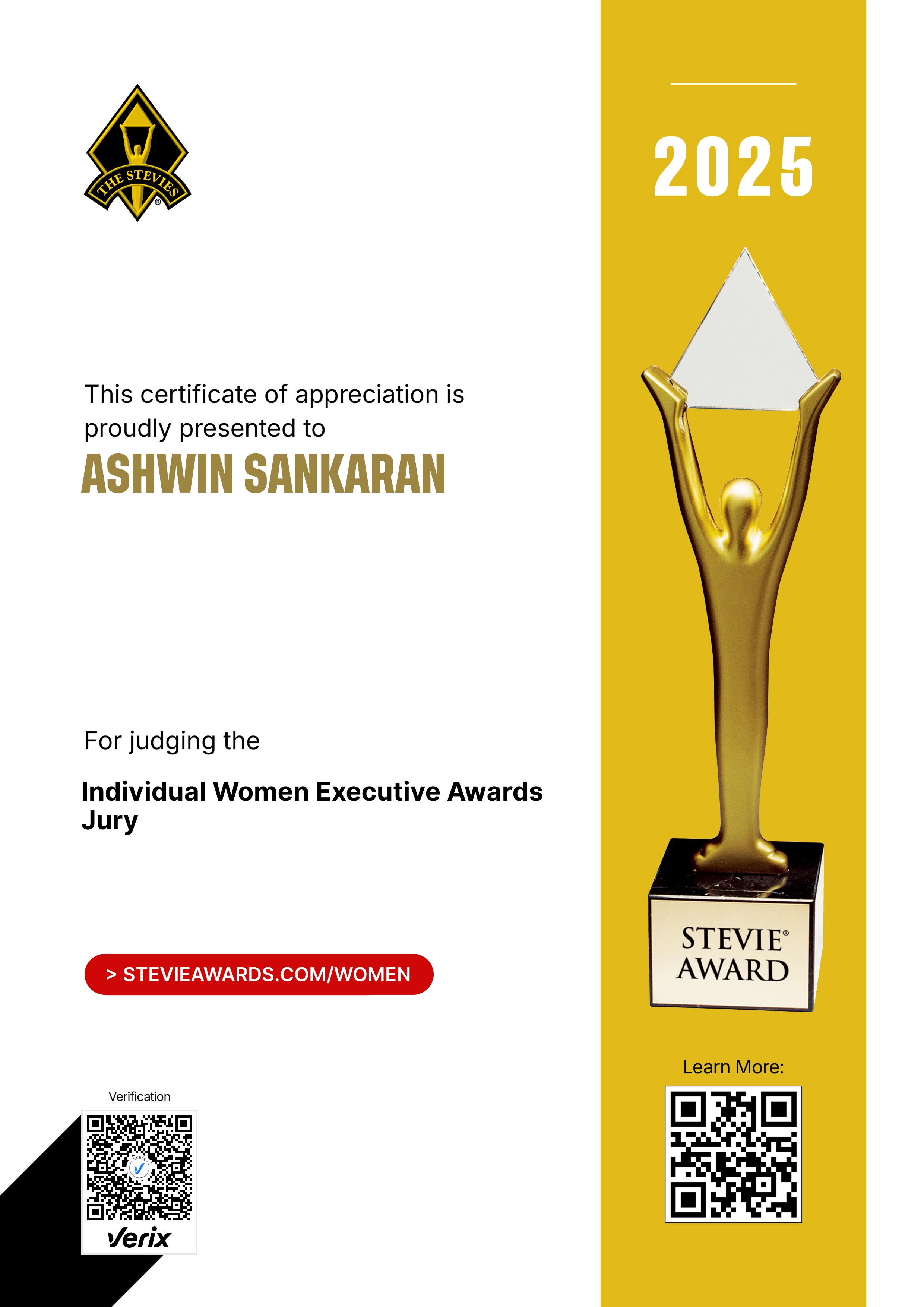 Stevie® Awards for Women in Business Jury Certificate: Ashwin Sankaran