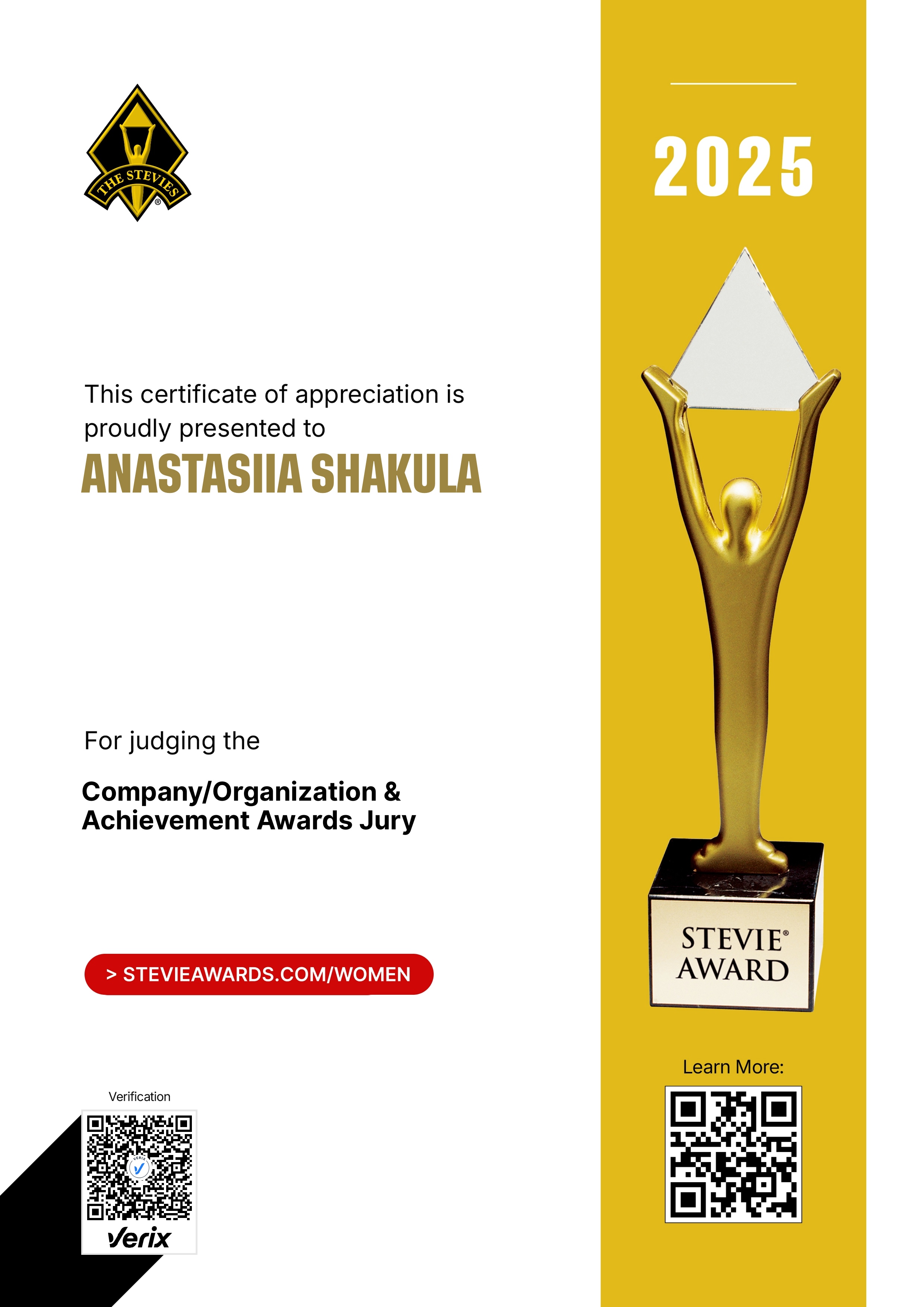 Stevie® Awards for Women in Business Jury Certificate: Anastasiia Shakula