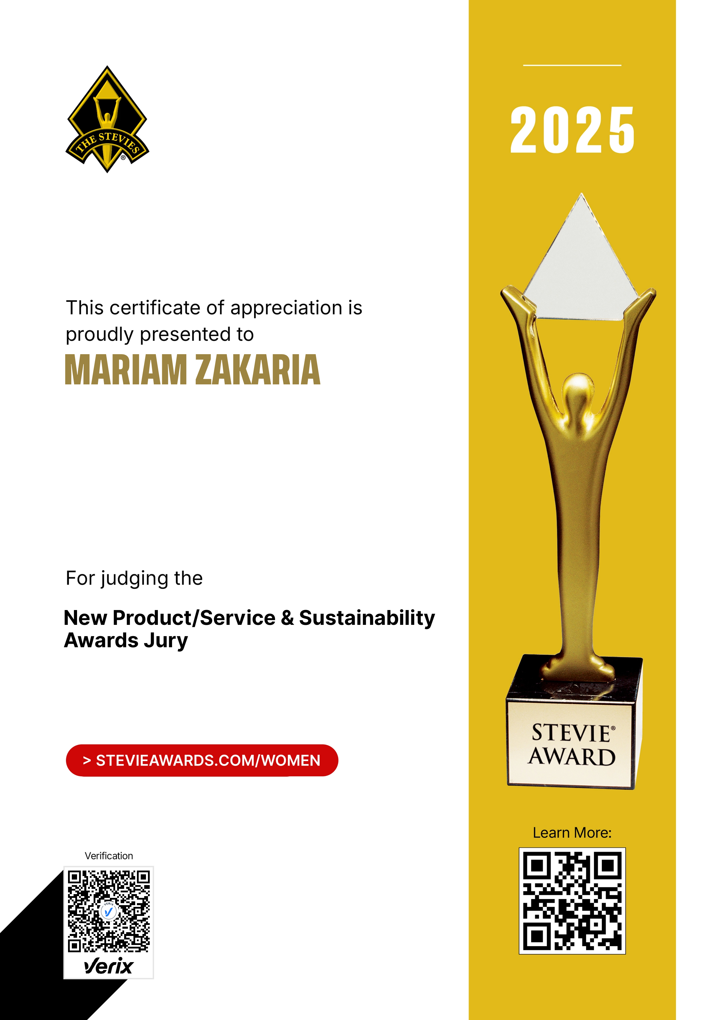 Stevie® Awards for Women in Business Jury Certificate: Mariam Zakaria