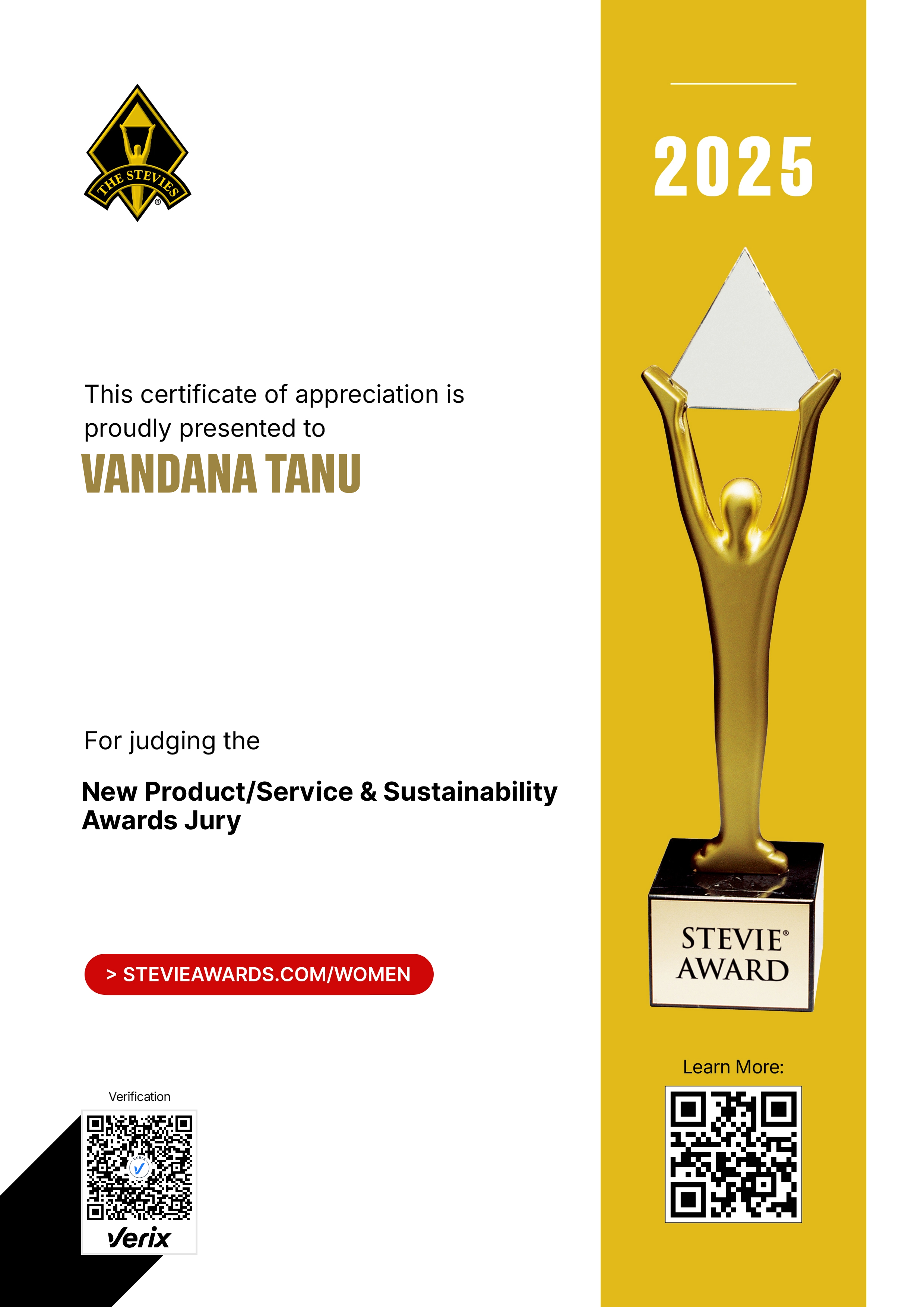 Stevie® Awards for Women in Business Jury Certificate: Vandana Tanu