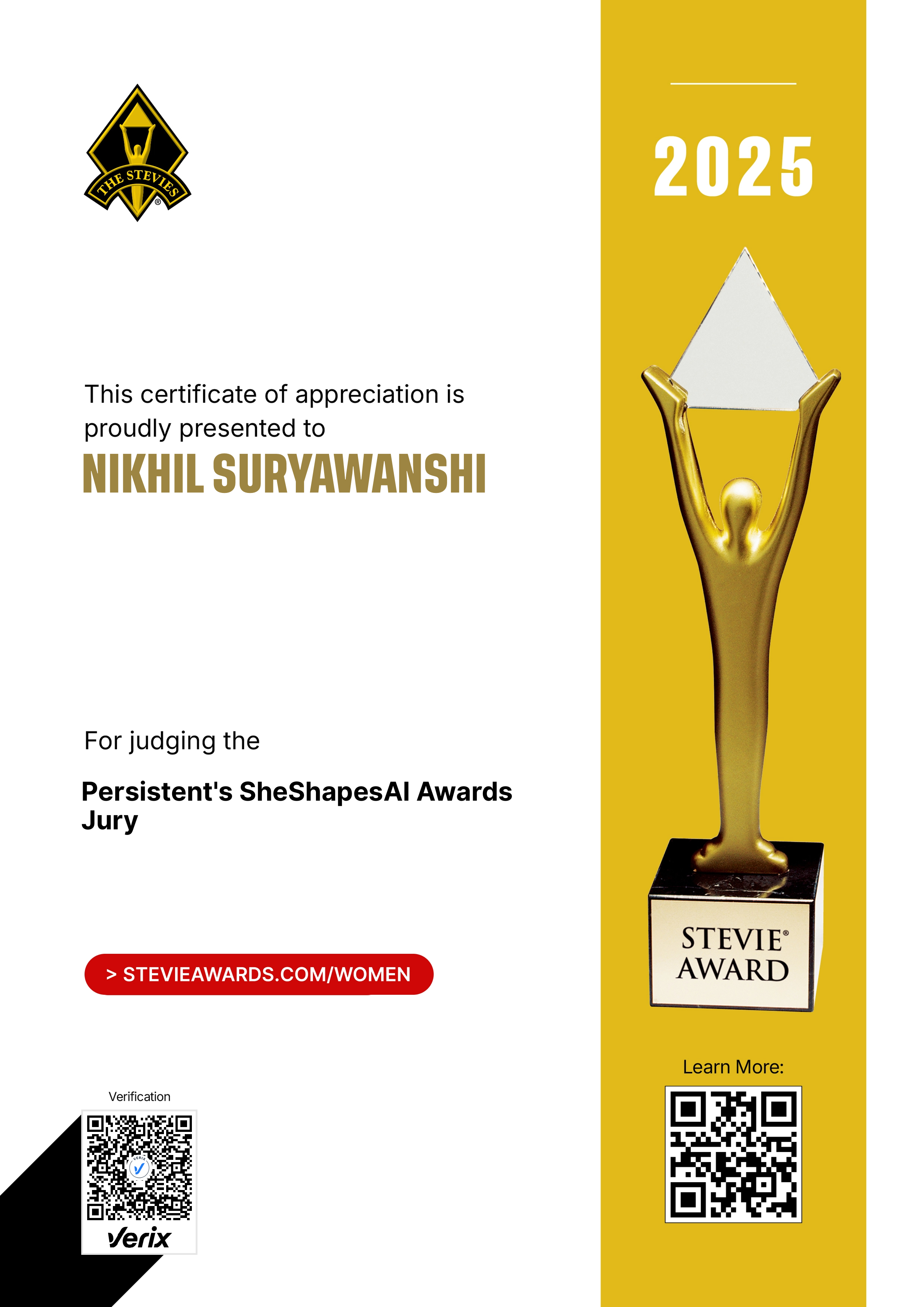 Stevie® Awards for Women in Business Jury Certificate: Nikhil Suryawanshi