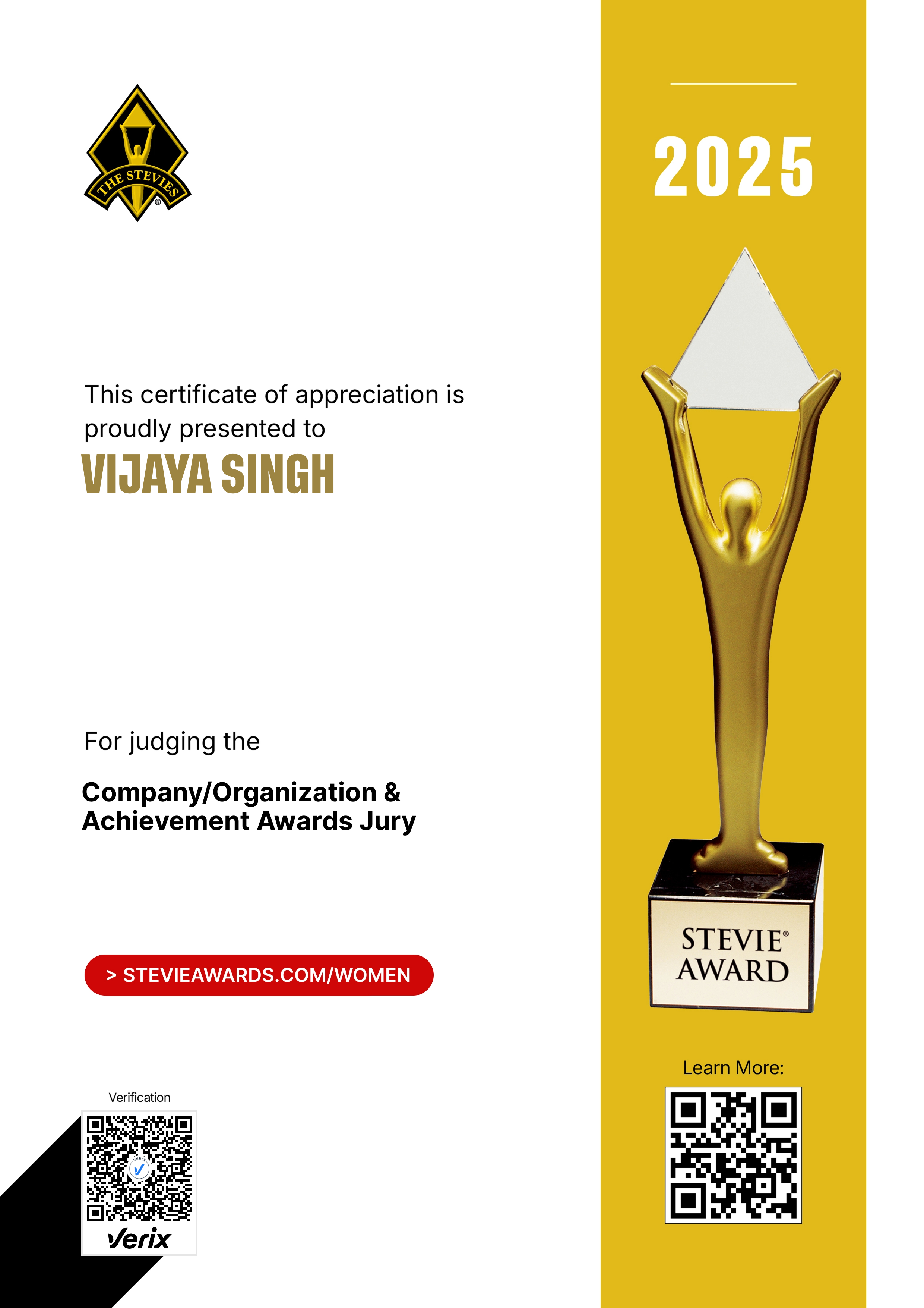 Stevie® Awards for Women in Business Jury Certificate: Vijaya Singh